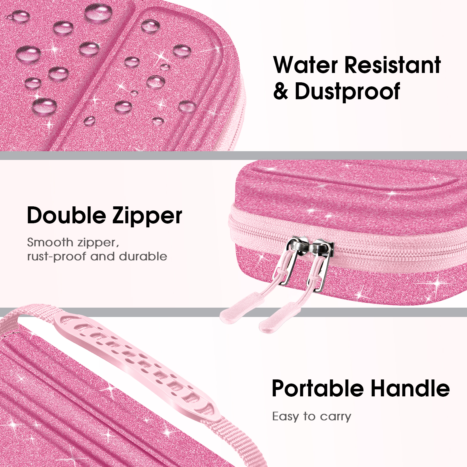 Rosa Glitzer-Etui mit Reißverschlüssen, Griff und wasserfestem Text.