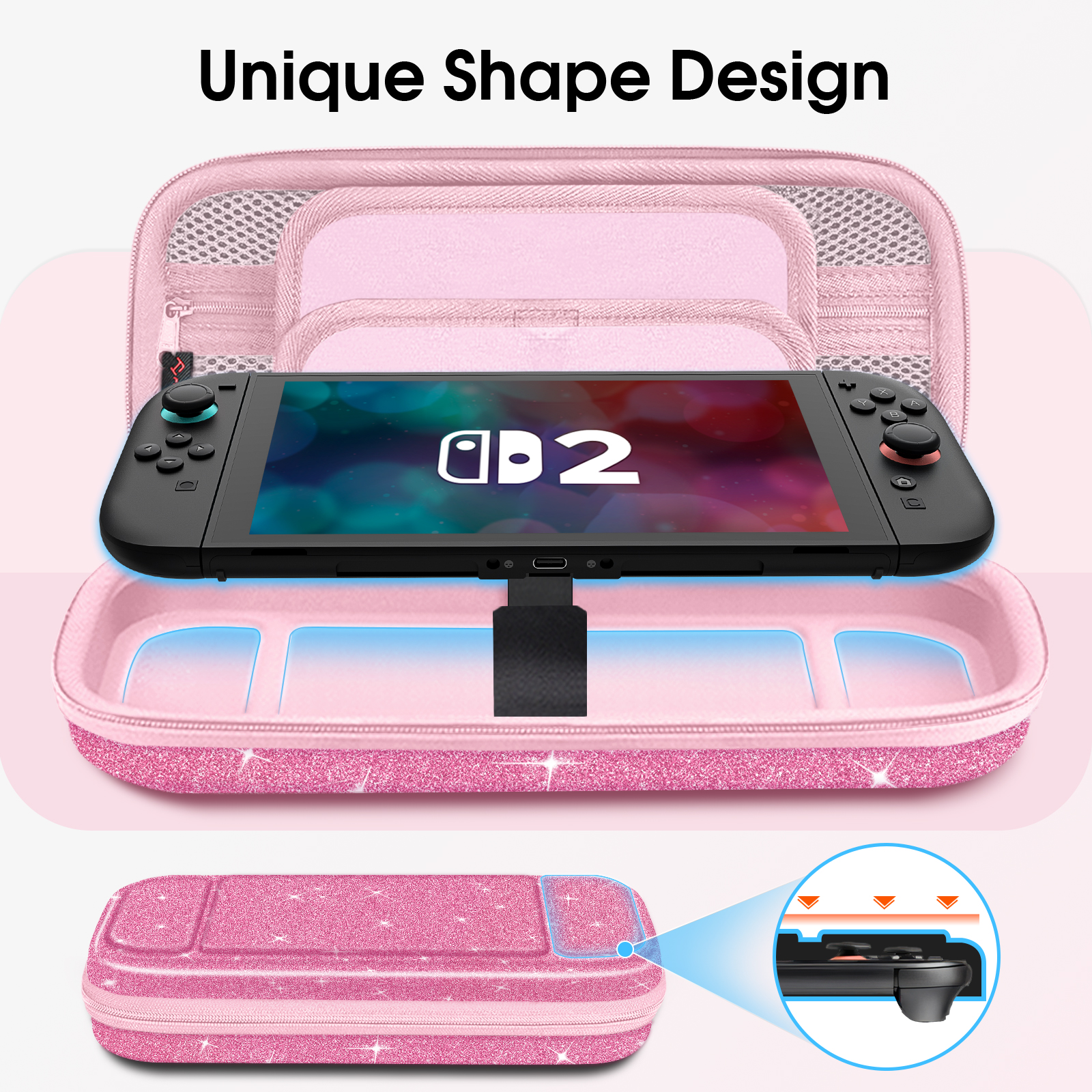 Eine rosa Nintendo Switch-Hülle mit einer Konsole im Inneren, mit einem Spielbildschirm.