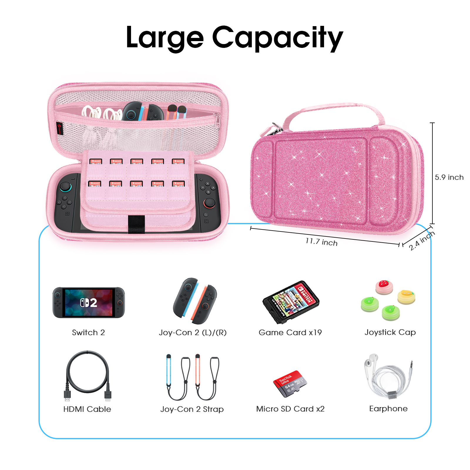 Rosa Switch-Etui mit Zubehör, einschließlich Switch und Maßen.