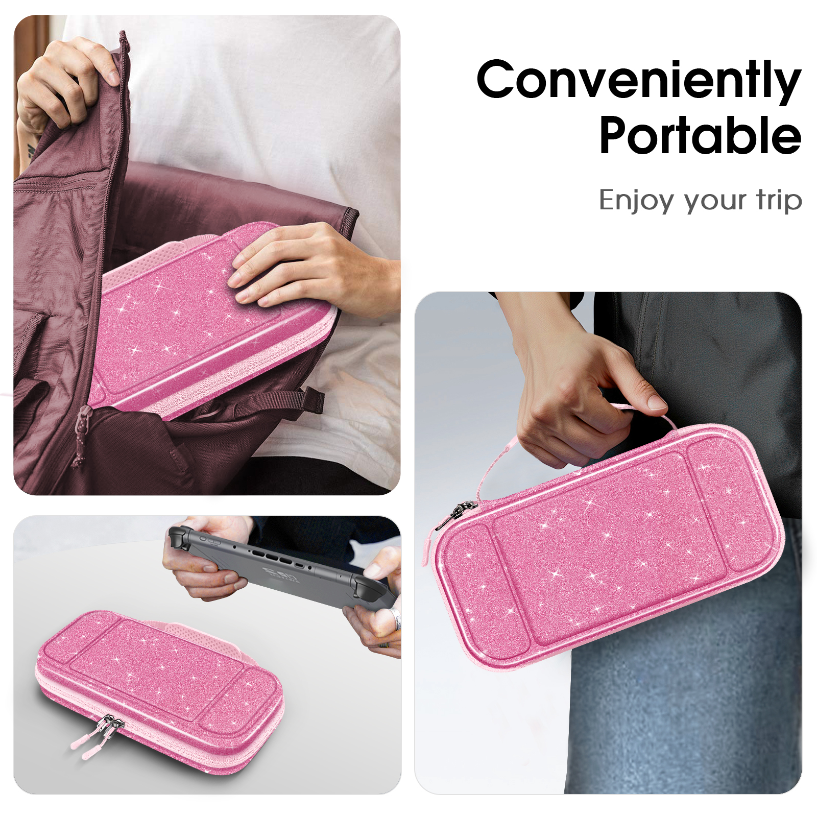 Rosa Switch-Etui mit Switch, die in die Tasche gesteckt und gehalten wird.
