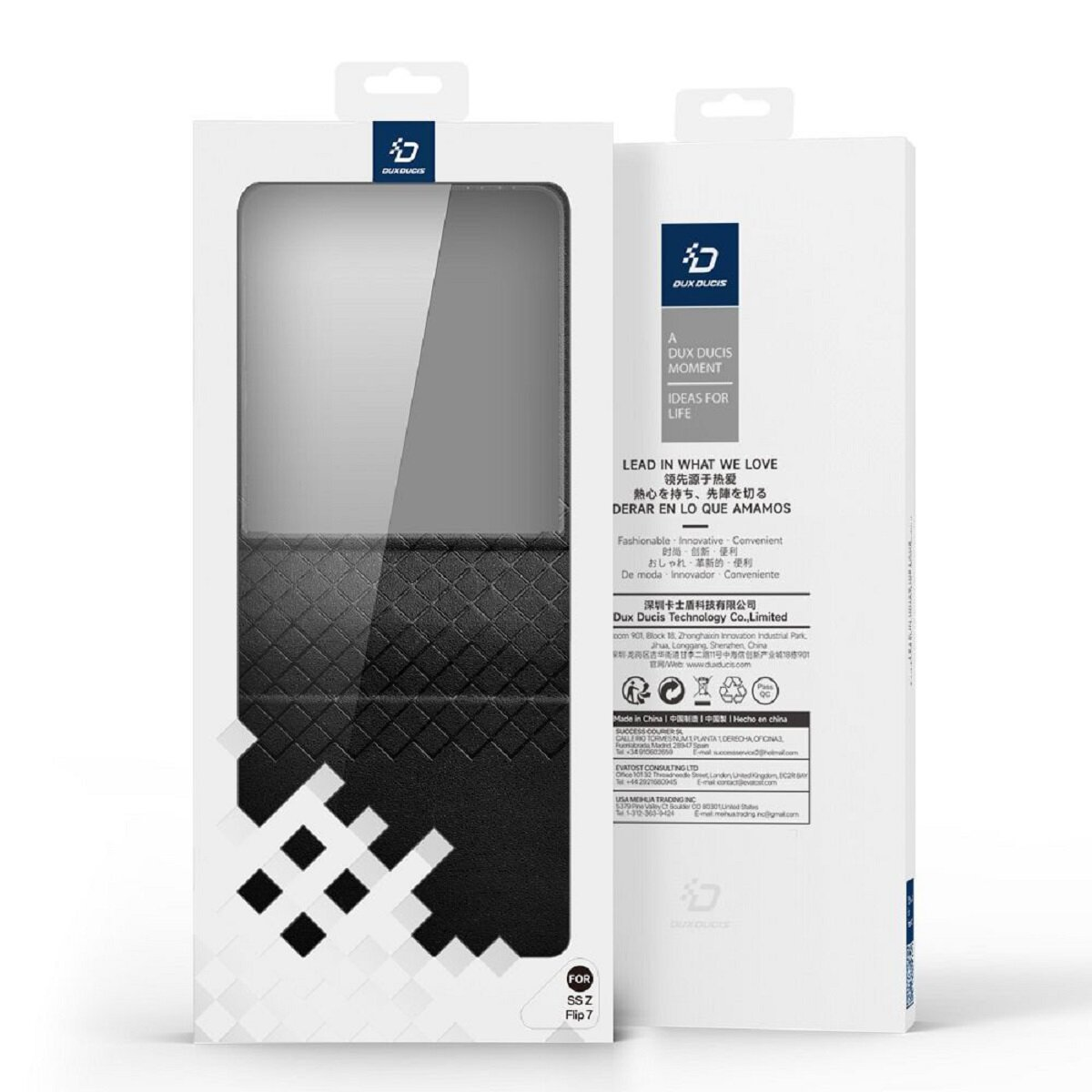 Weiß-graue Handyhülle-Box mit einer schwarz-grauen Handyhülle im Inneren, Produktdetails.
