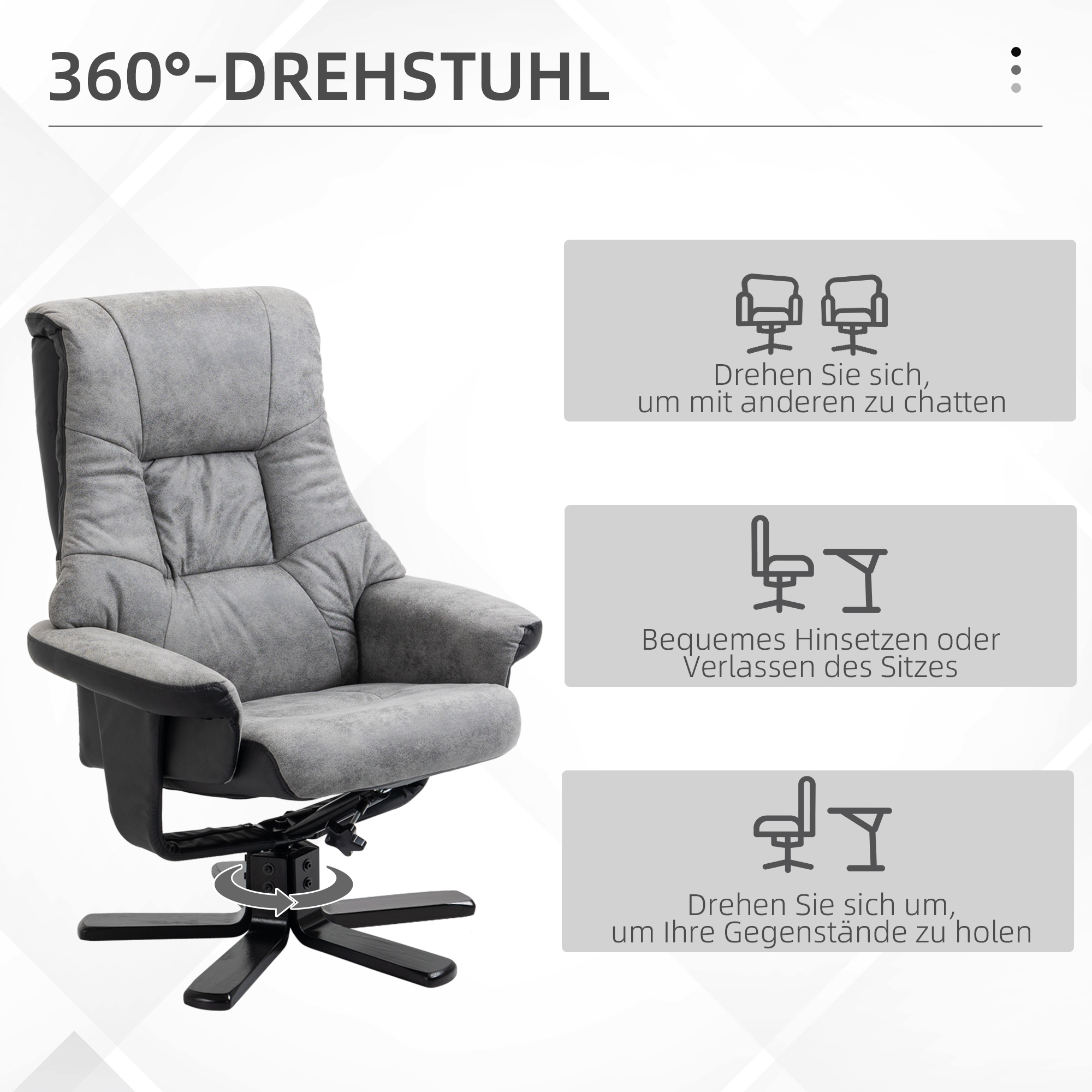 Diagramm eines grauen Relaxsessels, das Drehen und andere Funktionen mit Symbolen zeigt.