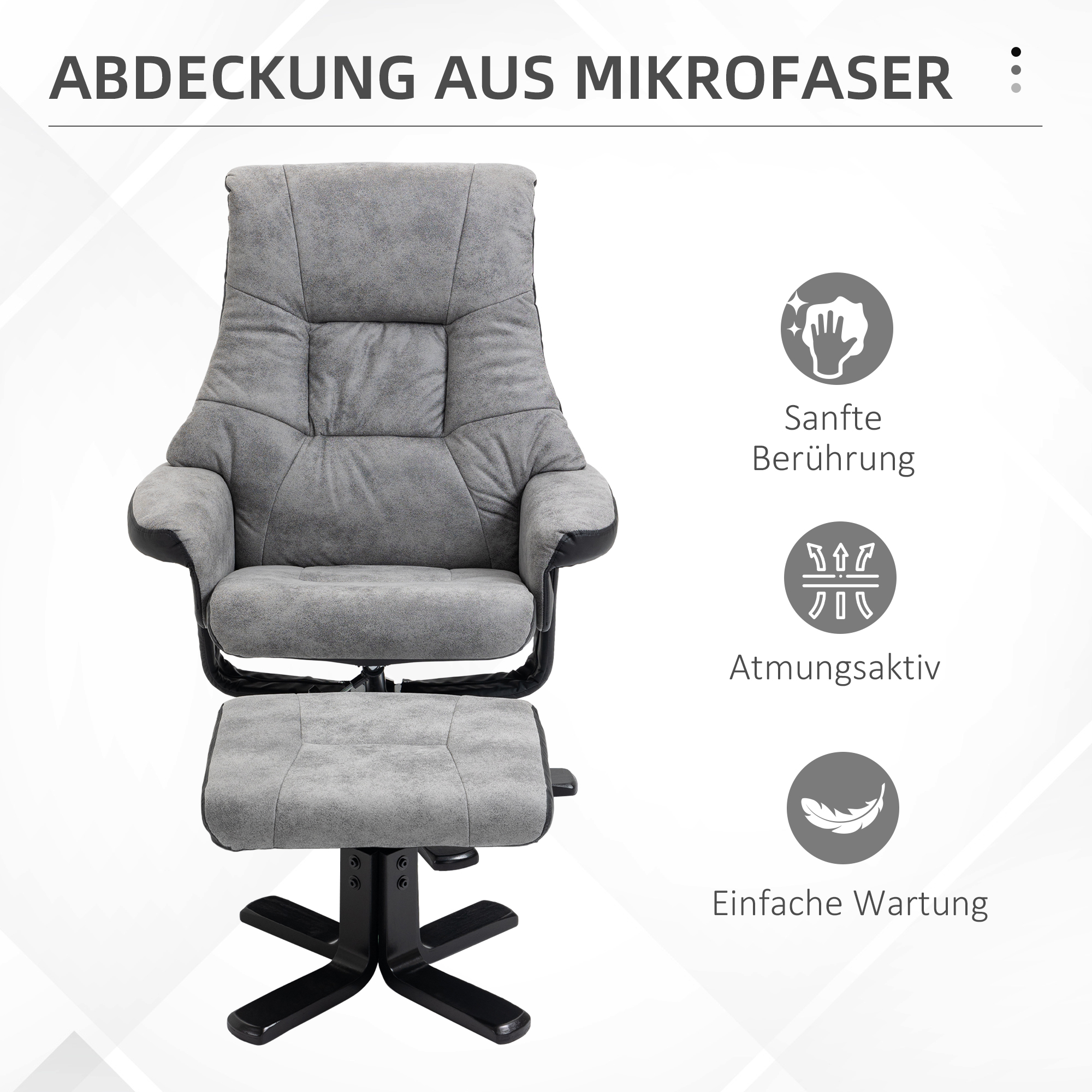Ein grauer Liegesessel mit Fußstütze. Merkmale sind weiche Haptik, atmungsaktiv und pflegeleicht.