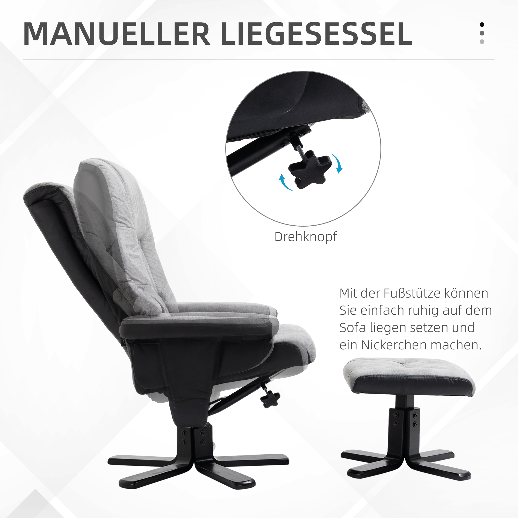 Diagramm eines grauen Relaxsessels mit Ottomane, das Liege- und Fußstützenverstellungen zeigt.