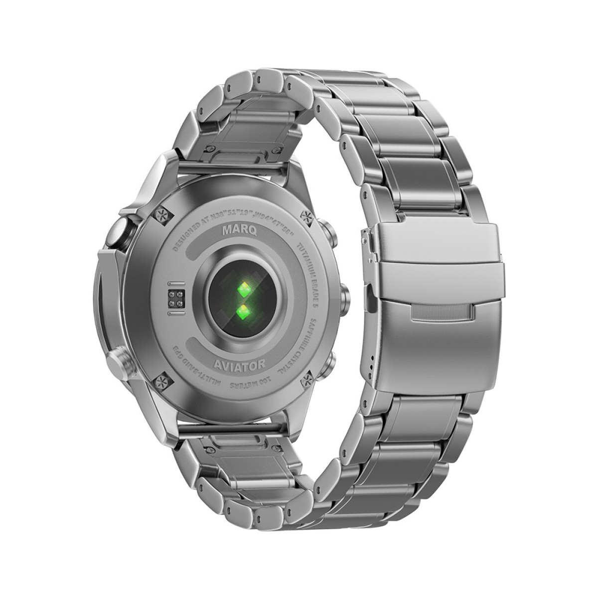 Die Rückseite einer silbernen Smartwatch mit Metallarmband. Zeigt den Herzfrequenzsensor und Textdetails.