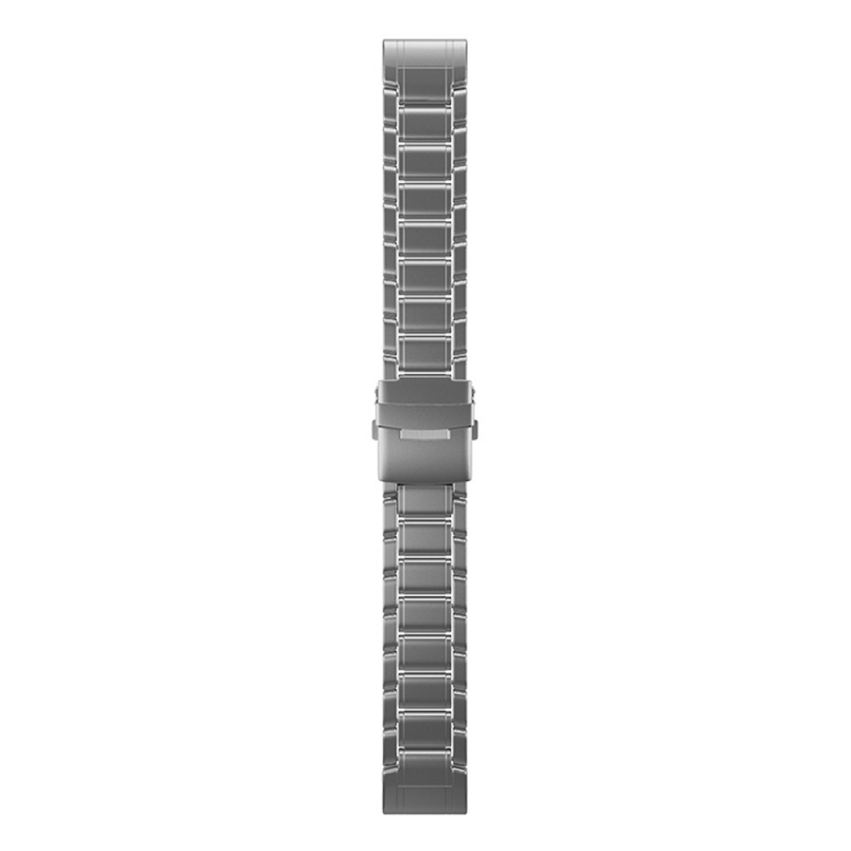 Ein silbernes Metall-Uhrenarmband. Das Armband besteht aus verbundenen Gliedern und hat einen Verschluss. Auf weißem Hintergrund.