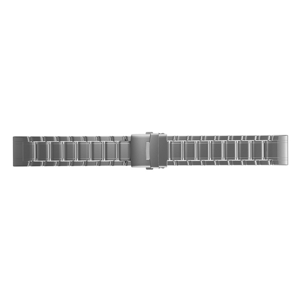 Ein silbernes Uhrenarmband aus verbundenen rechteckigen Gliedern, direkt betrachtet, vor weißem Hintergrund.