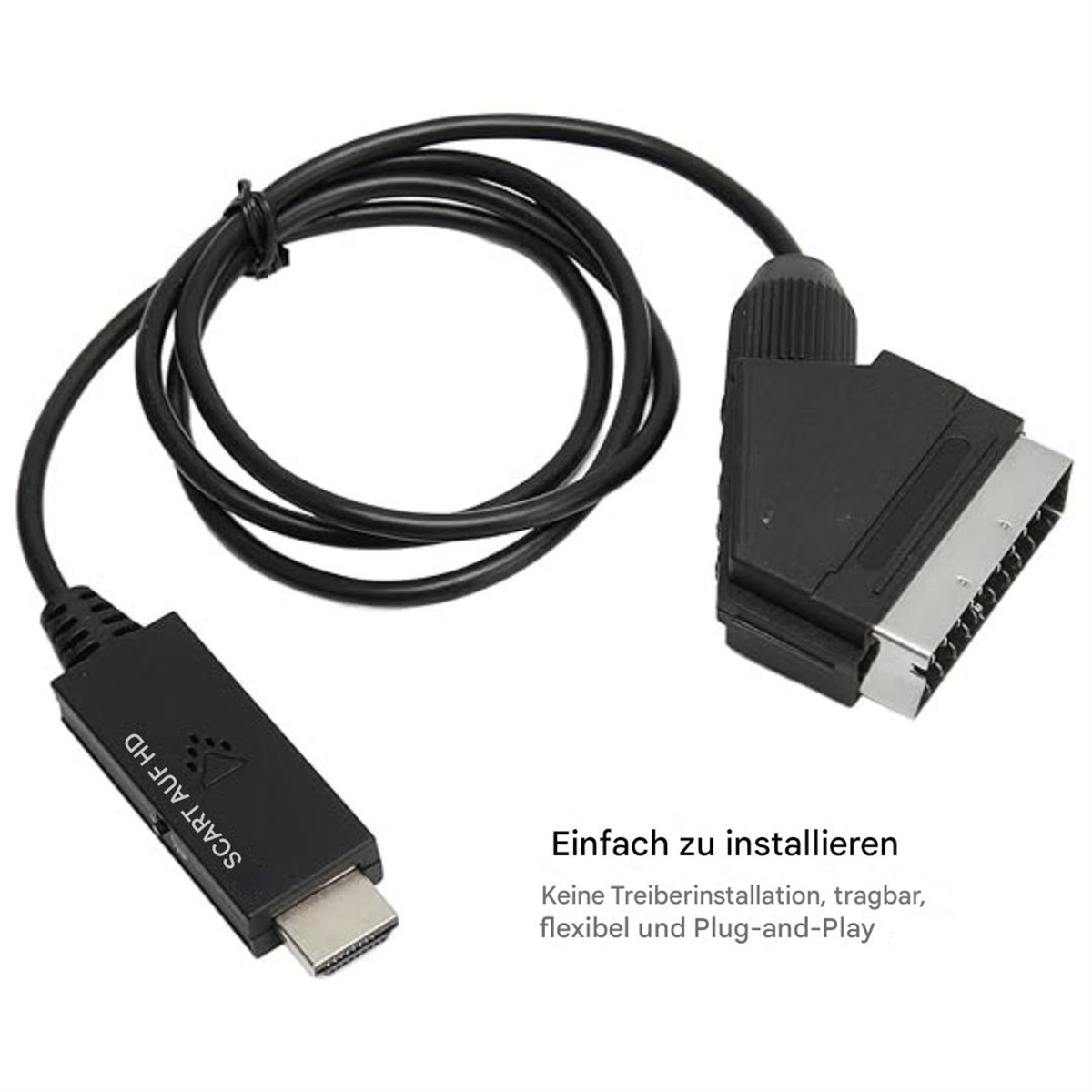 Ein SCART-zu-HD-Adapterkabel. Zeigt das Kabel mit SCART- und HDMI-Anschlüssen und Text auf Deutsch. Weißer Hintergrund.