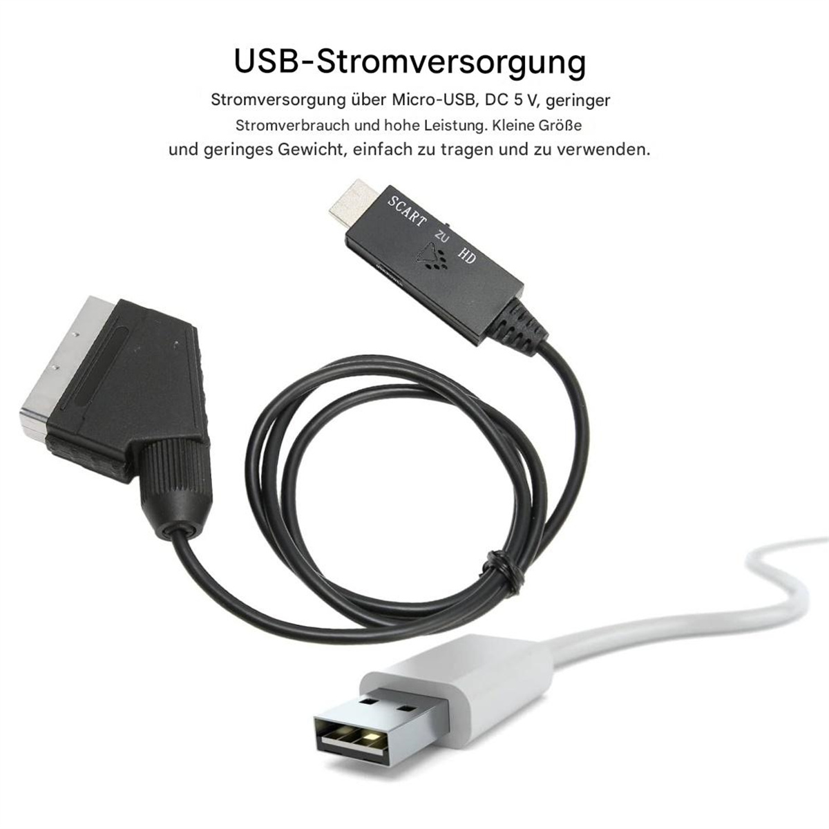 Ein schwarzes Kabel mit USB- und SCART-Anschluss. Text auf Deutsch sagt USB-Stromversorgung. Weißer Hintergrund.