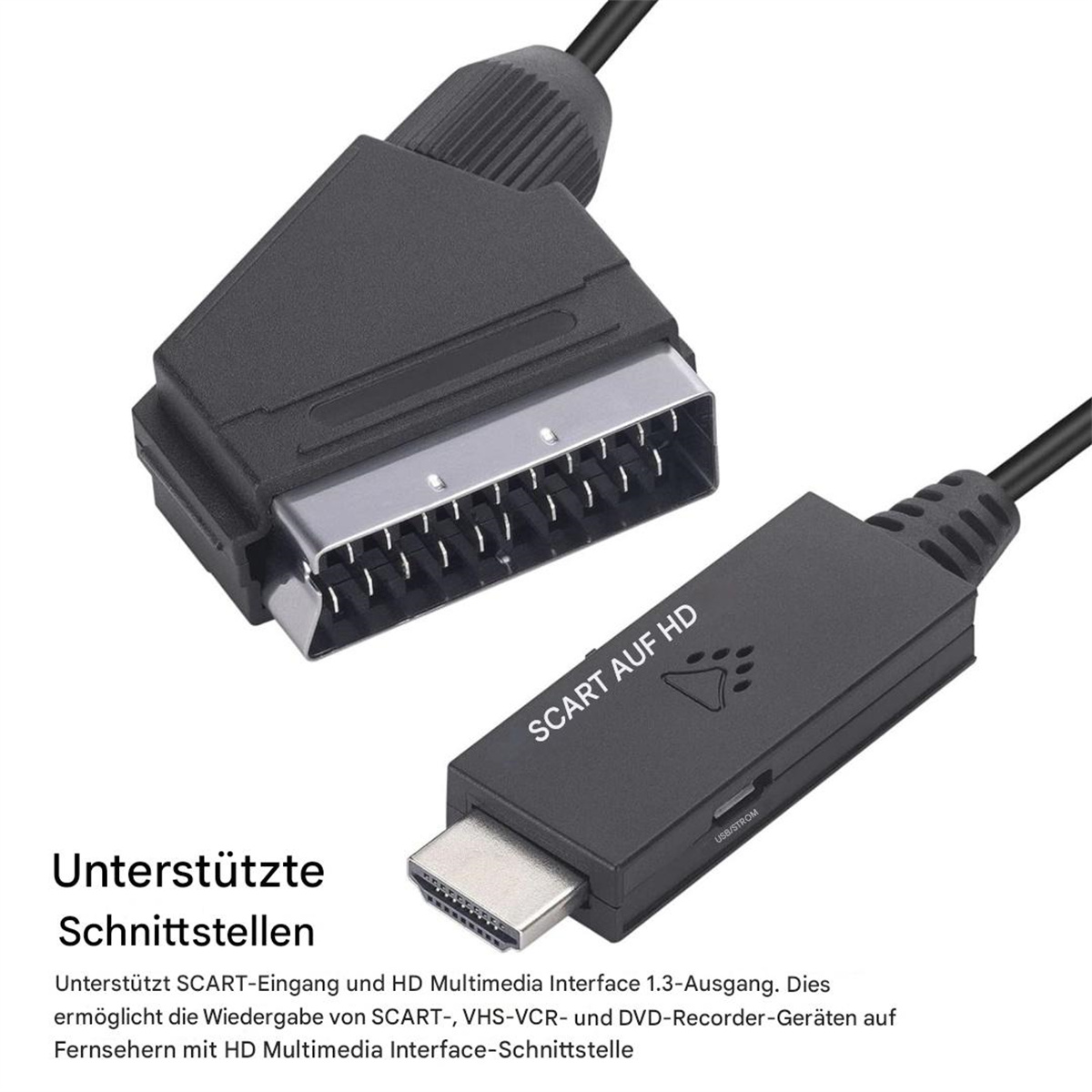 Schwarzer SCART-zu-HDMI-Adapter mit zwei Kabeln. Ein Ende ist SCART, das andere HDMI. Text: SCART AUF HD.