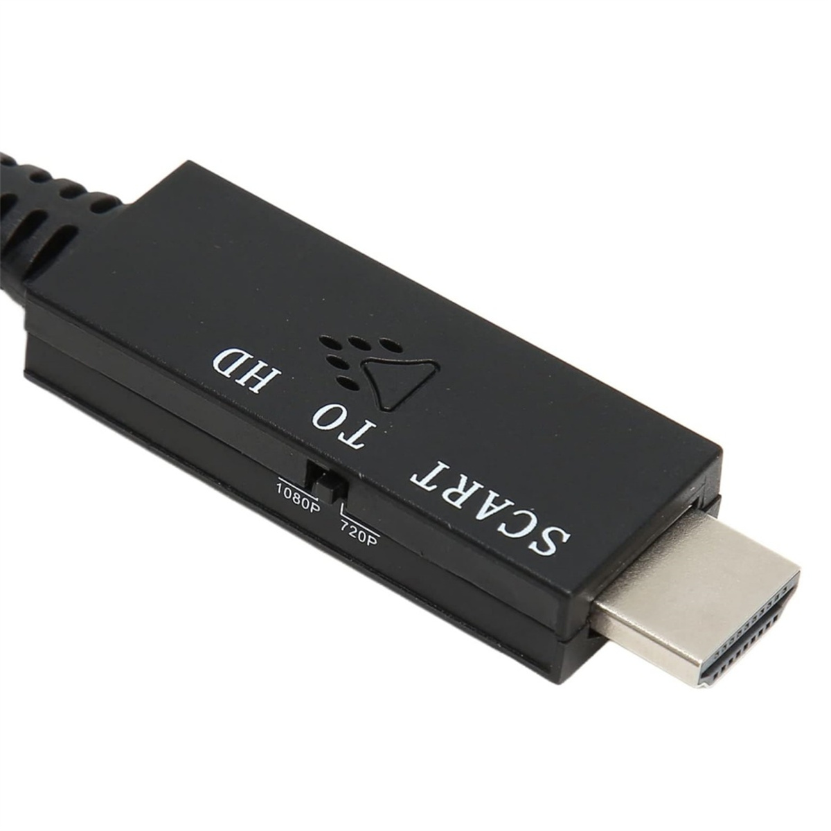 Ein schwarzer SCART-zu-HD-Adapter. Text: SCART TO HD und 1080P/720P-Schalter.