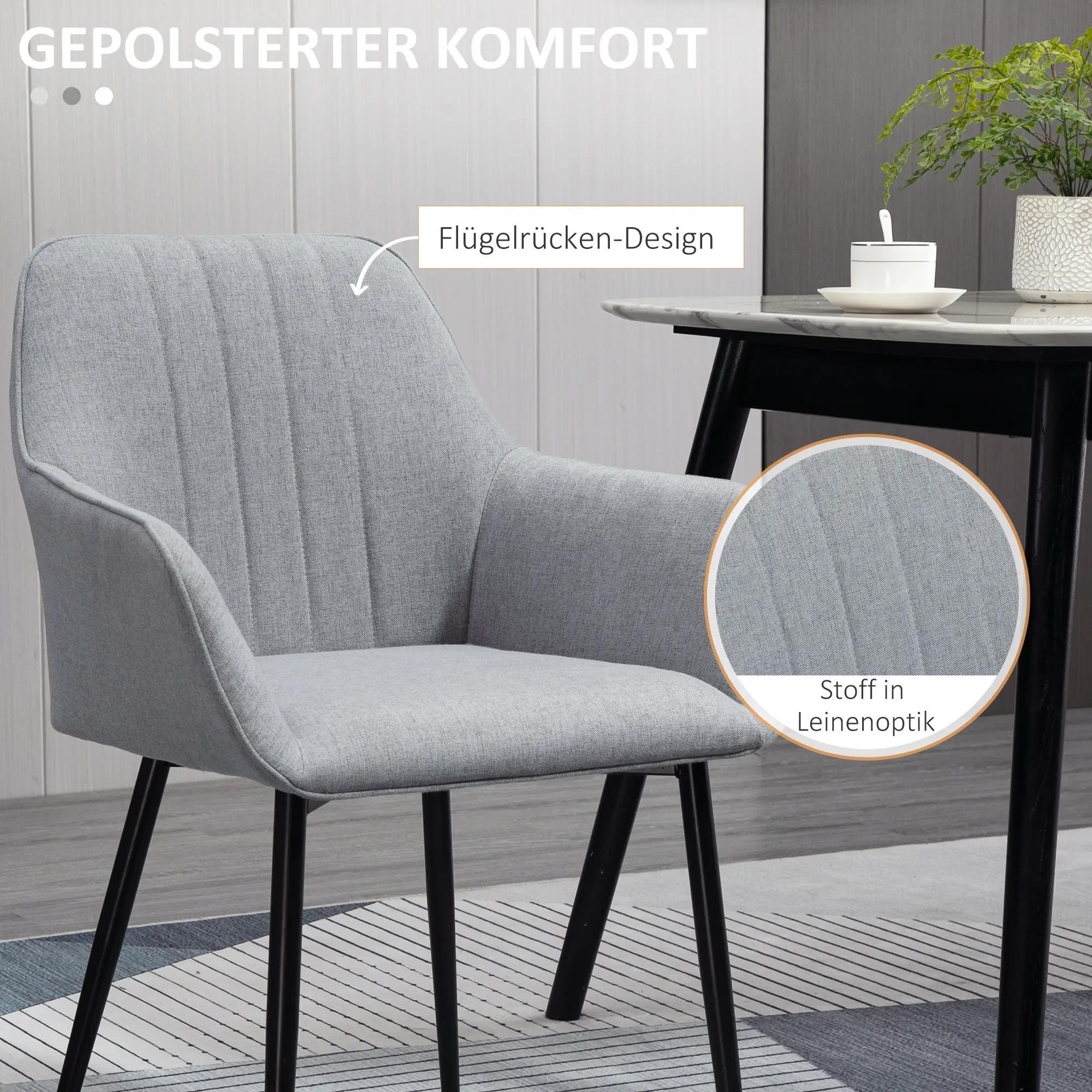 Grauer Stuhl mit Flügelrückendesign. Nahaufnahme des Stoffes. Text: GEPOLSTERTER KOMFORT (Gepolsterter Komfort).