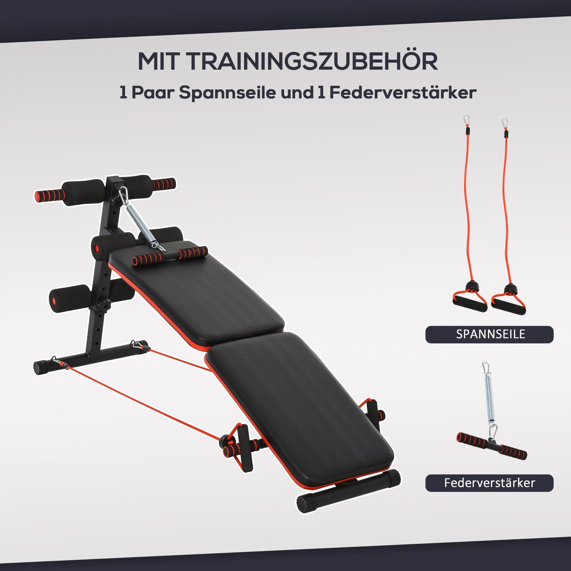 Eine Trainingsbank mit schwarzer und roter Polsterung und zusätzlichem Trainingszubehör. Inklusive Widerstandsbändern und Feder.