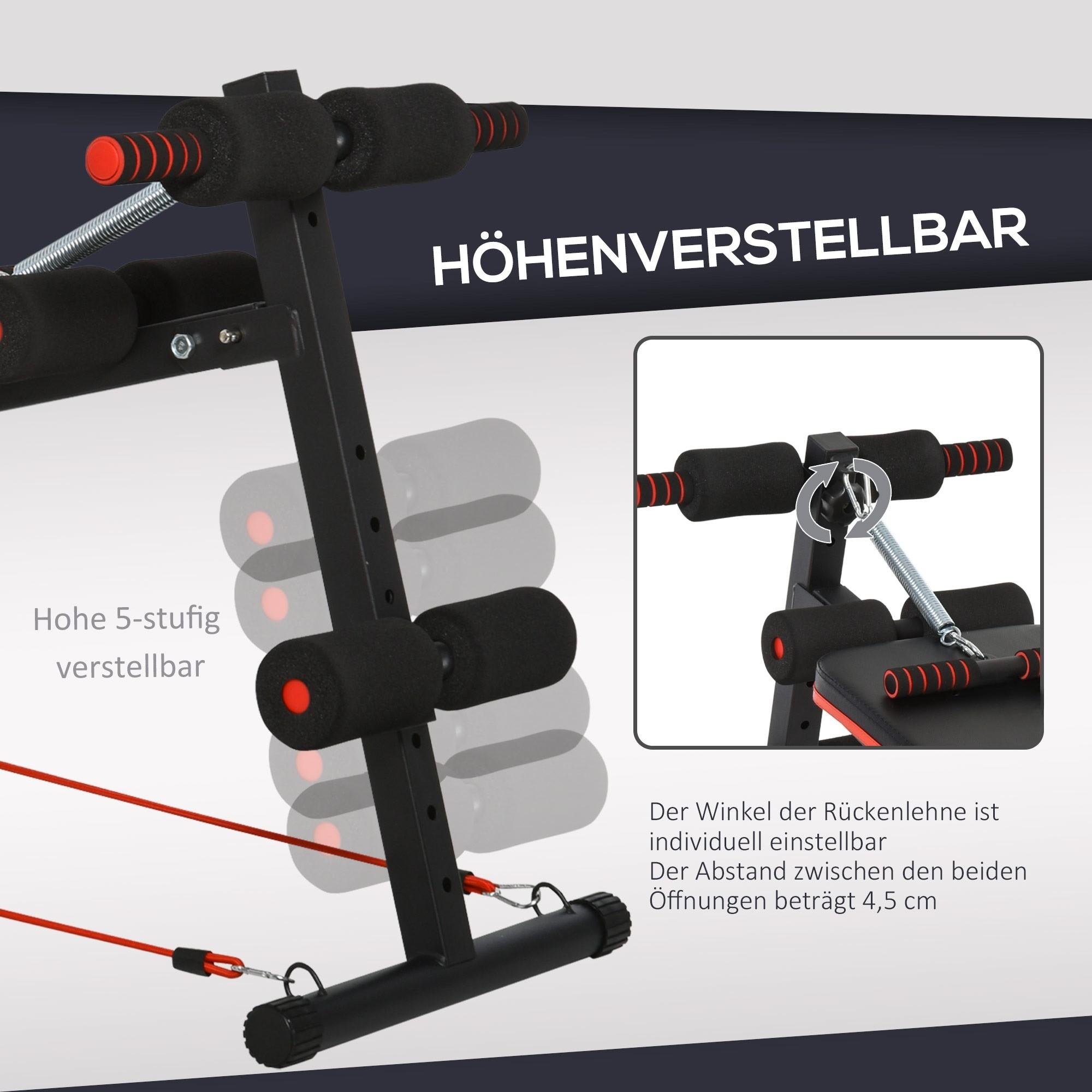 Eine verstellbare Hantelbank mit roten Akzenten. Text: HÖHENVERSTELLBAR (höhenverstellbar).