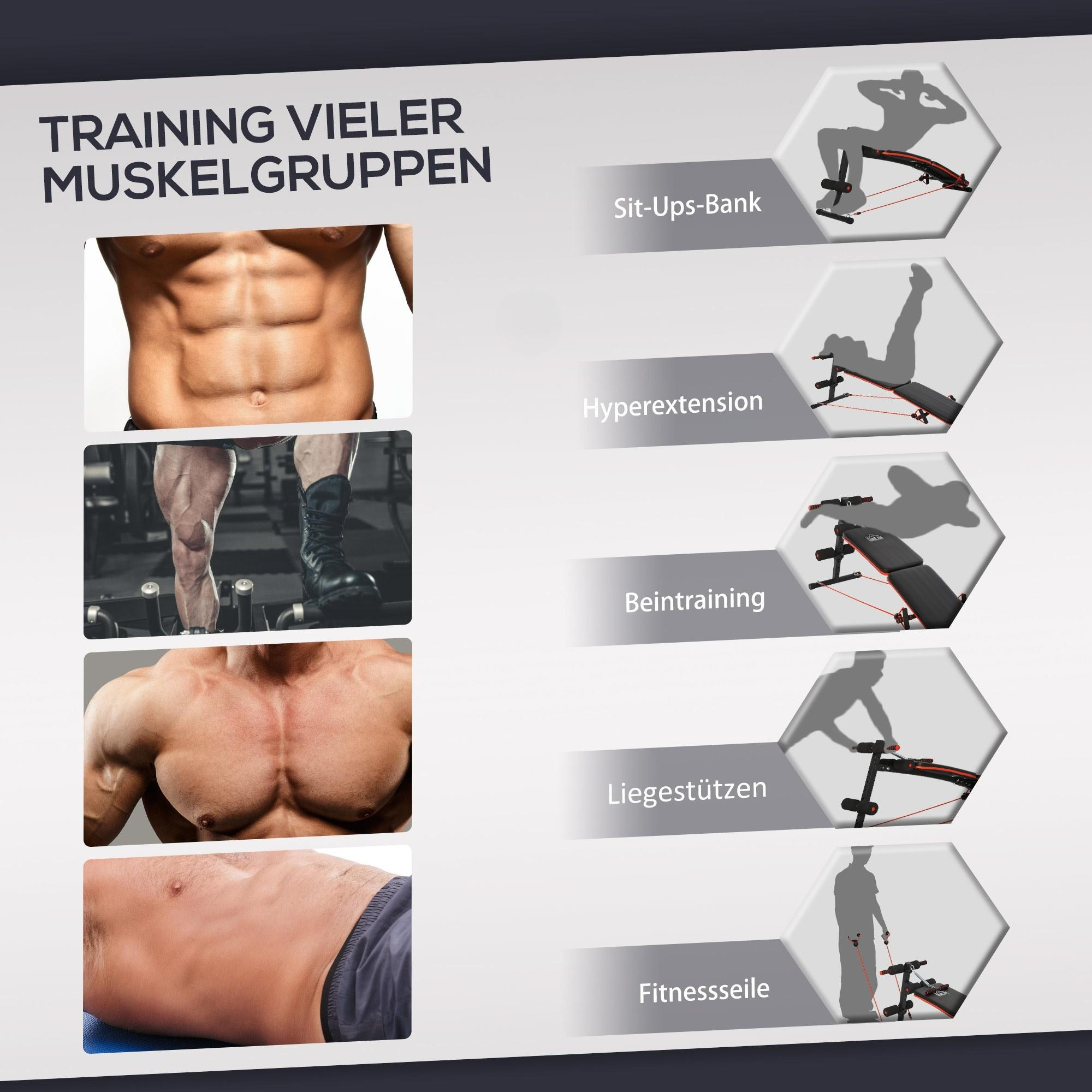 Bild zeigt Bodybuilder und Trainingsdiagramme. Text: TRAINING VIELER MUSKELGRUPPEN (Training vieler Muskelgruppen).