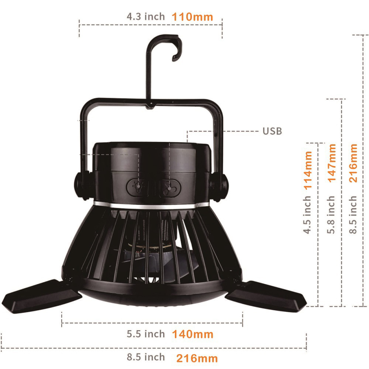 Ein schwarzer Ventilator mit Lichtern. Er hängt an einem Haken. Abmessungen und Maße sind auf dem Ventilator beschriftet.