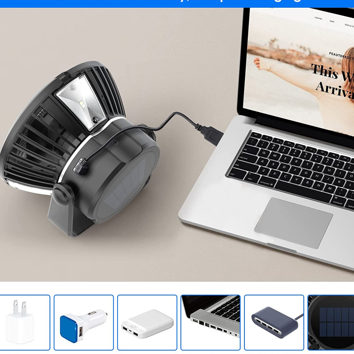 Ein schwarzer Ventilator mit Licht ist mit einem Laptop verbunden. Unten sind mehrere kleine Stecker und ein Laptop abgebildet.