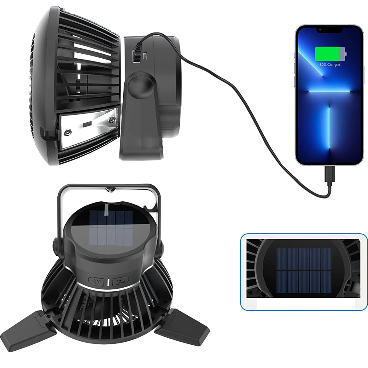 Zwei Ventilatoren, einer mit einem Telefon verbunden, das aufgeladen wird, und einer mit einem Solarpanel. Beide sind schwarz und haben Lüfterflügel.