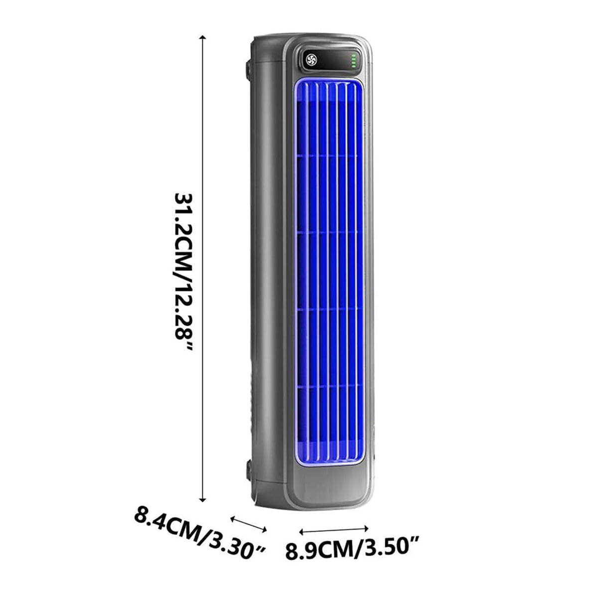 Ein hoher, grauer Turmventilator mit blauen Lichtern. Abmessungen und Maße sind auf dem Ventilator selbst beschriftet.