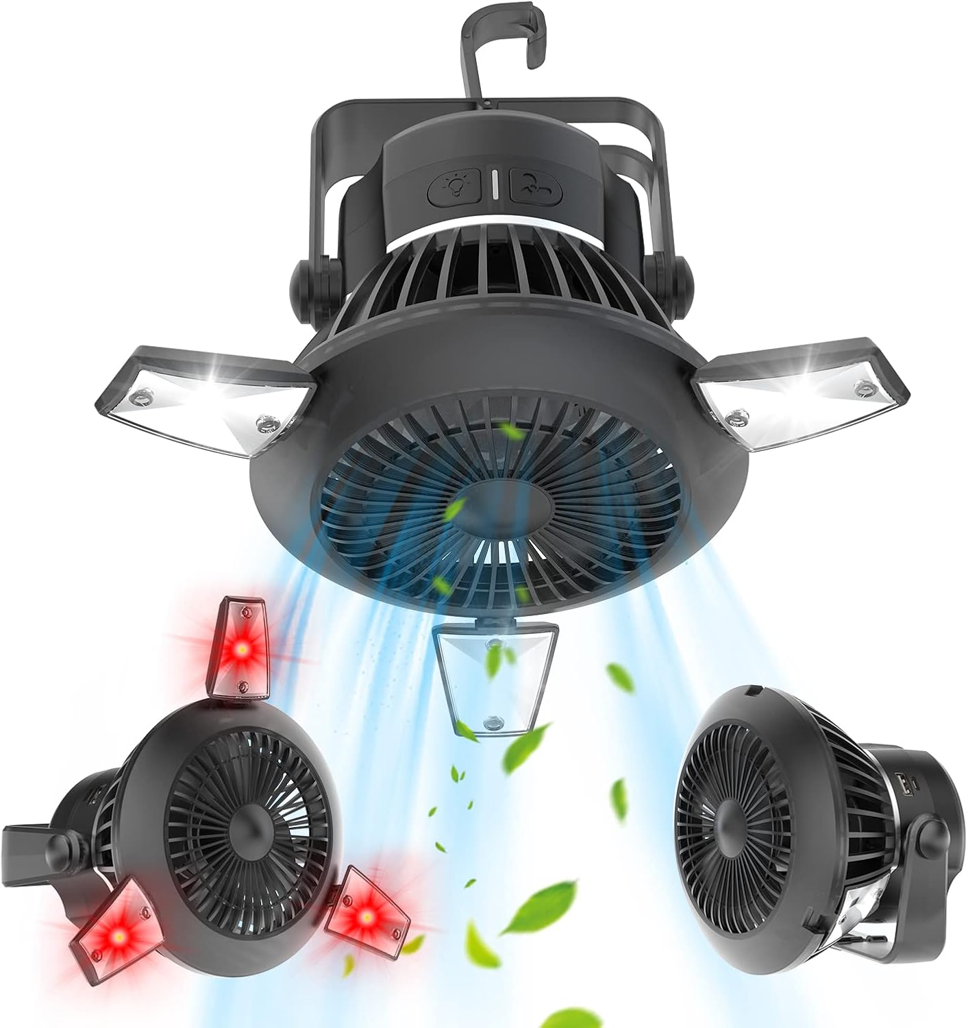 Ein Satz von Ventilatoren mit Lichtern. Sie haben einen zentralen Ventilator und zwei Lichter. Verschiedene Ventilator-Modelle werden gezeigt.