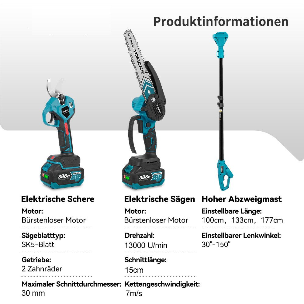 Produktinformationen für 3 Gartengeräte: elektrische Schere, elektrische Sägen und ein hoher Astschneider. Die Werkzeuge sind türkis und schwarz.