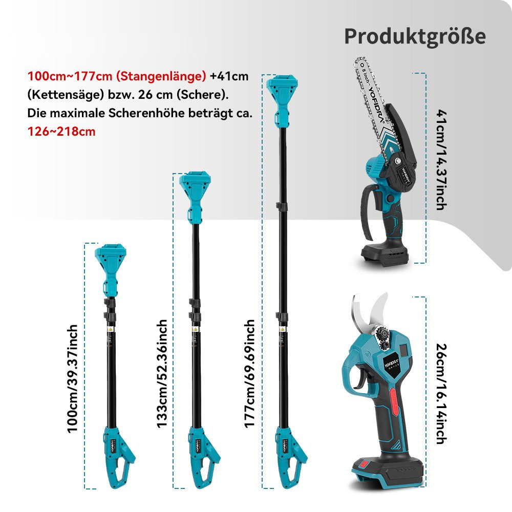 Ein Set von Gartengeräten mit einem Diagramm. Eine Stangensäge, eine Handschere und mehrere Größen werden gezeigt.