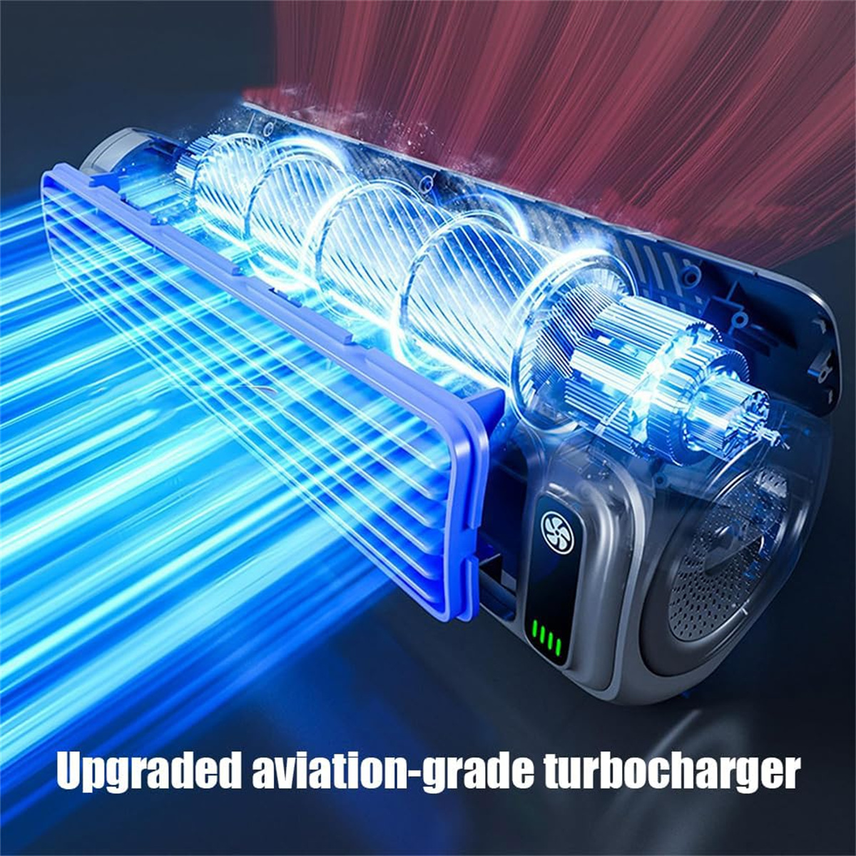 Nahaufnahme der internen Komponenten eines Ventilators. Blaue Lichtstrahlen fließen durch das Innere des Geräts.