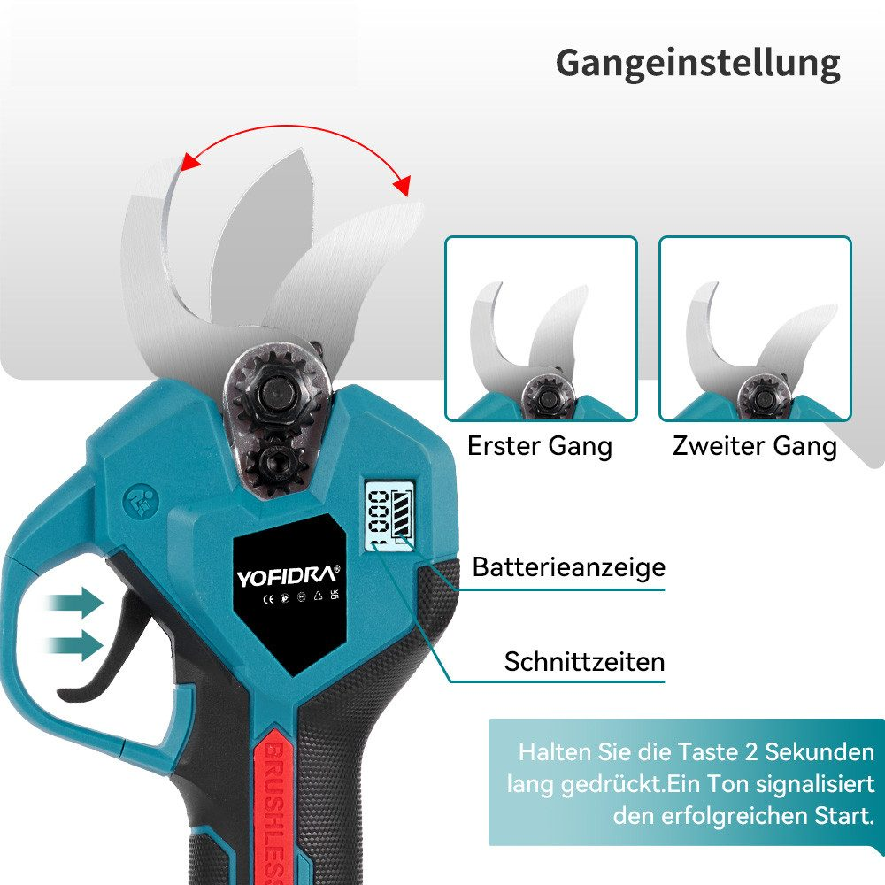 Nahaufnahme eines türkis-farbenen Elektrowerkzeugs mit zwei Schneidmodi und einer Batteriestandsanzeige. Der Text ist auf Deutsch.