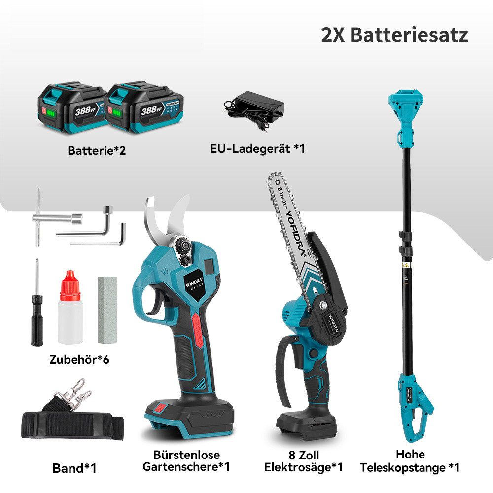 Eine Reihe von Gartengeräten, darunter Batterien, ein Ladegerät und verschiedene Schneidwerkzeuge. Alle Artikel sind türkis und schwarz.