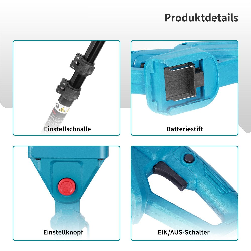 Bilder zeigen Details eines türkisfarbenen Werkzeugs. Enthalten: Einstellschnalle, Batteriehalter, Einstellknopf und Ein/Aus-Schalter.