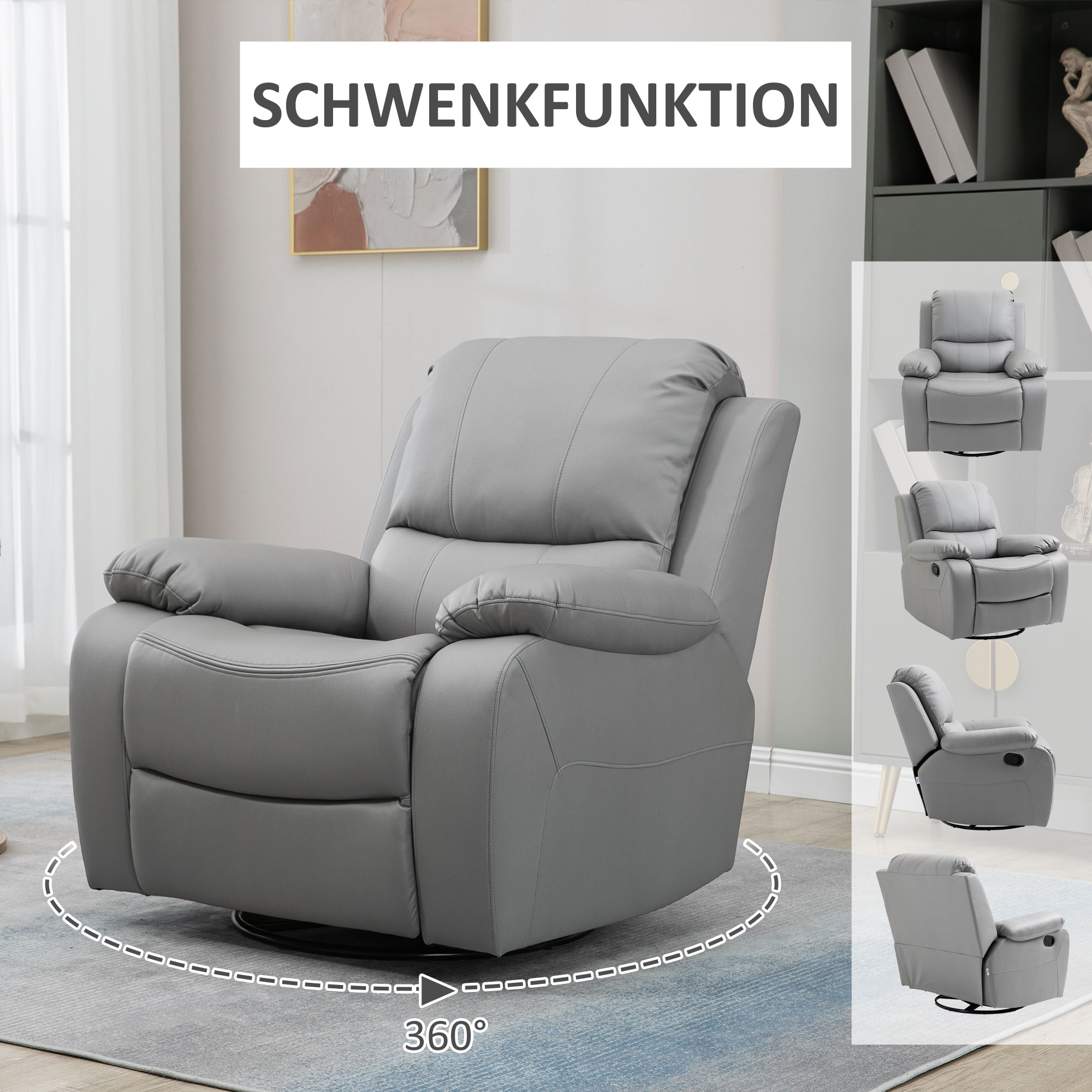Grauer Relaxsessel mit 360-Grad-Schwenkfunktion. Enthält mehrere Ansichten des Stuhls.