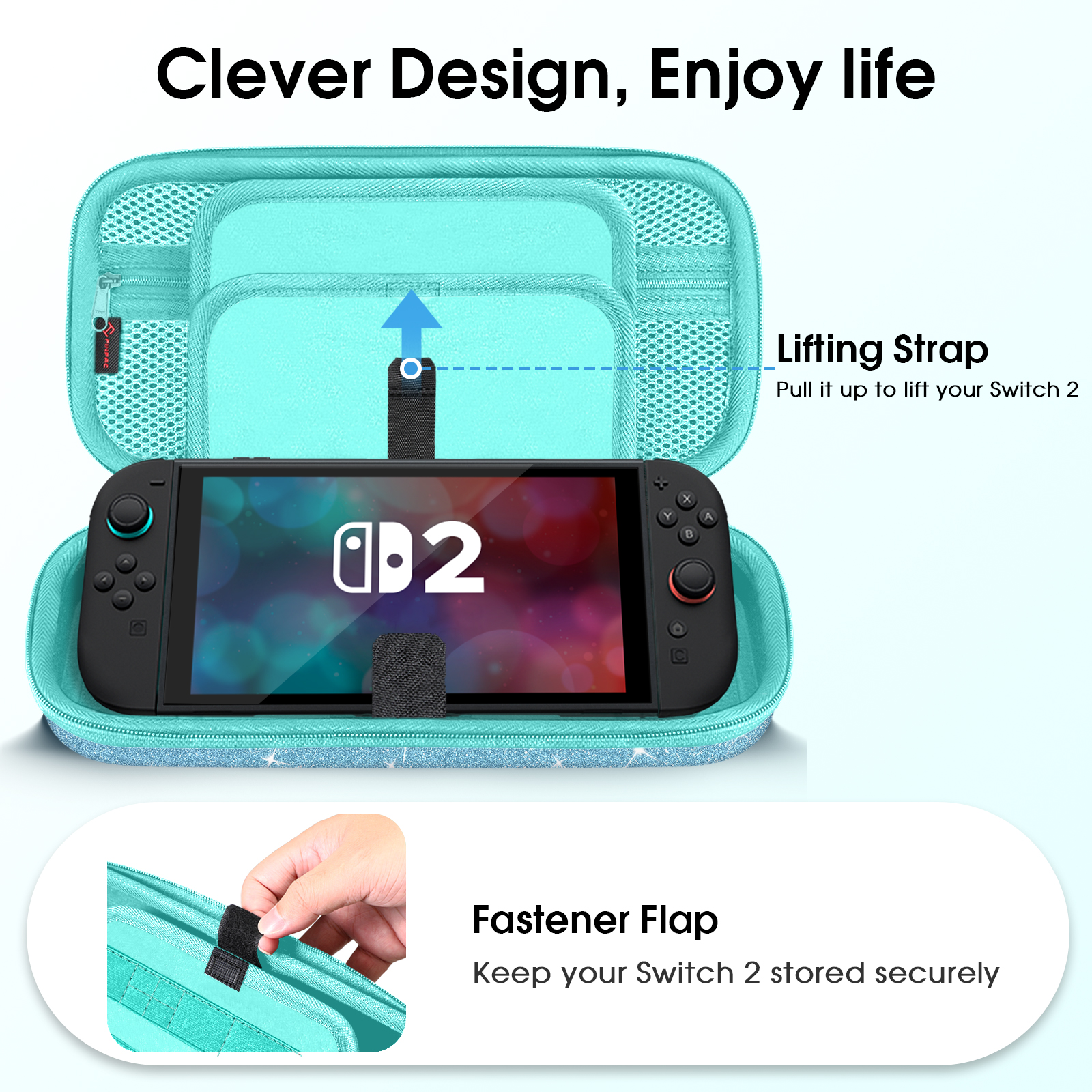 Eine Switch 2 in einer blauen glitzernden Hülle mit offenem Fach, einer Switch 2 und einer Verschlussklappe.