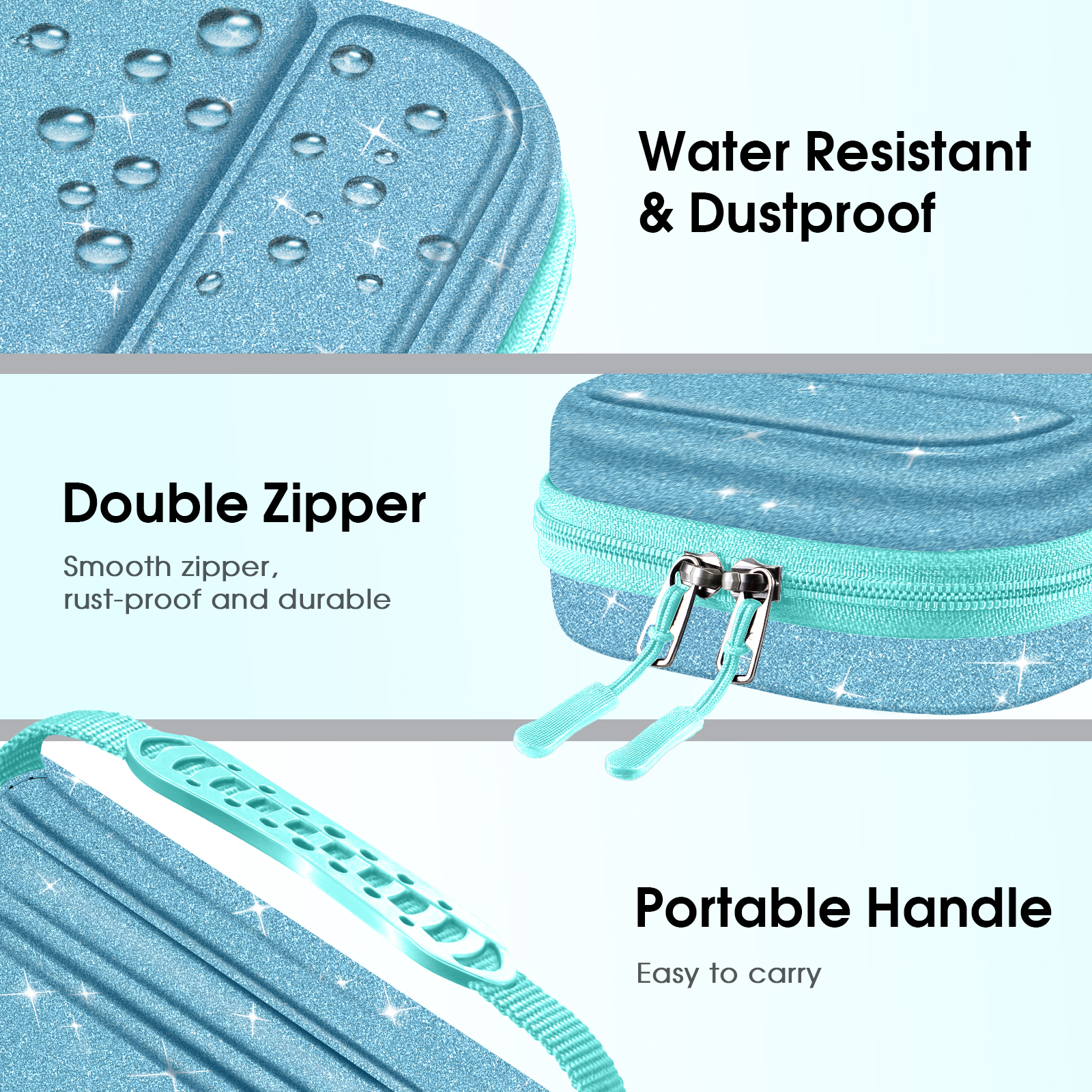 Nahaufnahmen des blauen glitzernden Switch-Etuis, die Wasserbeständigkeit und Griff zeigen.