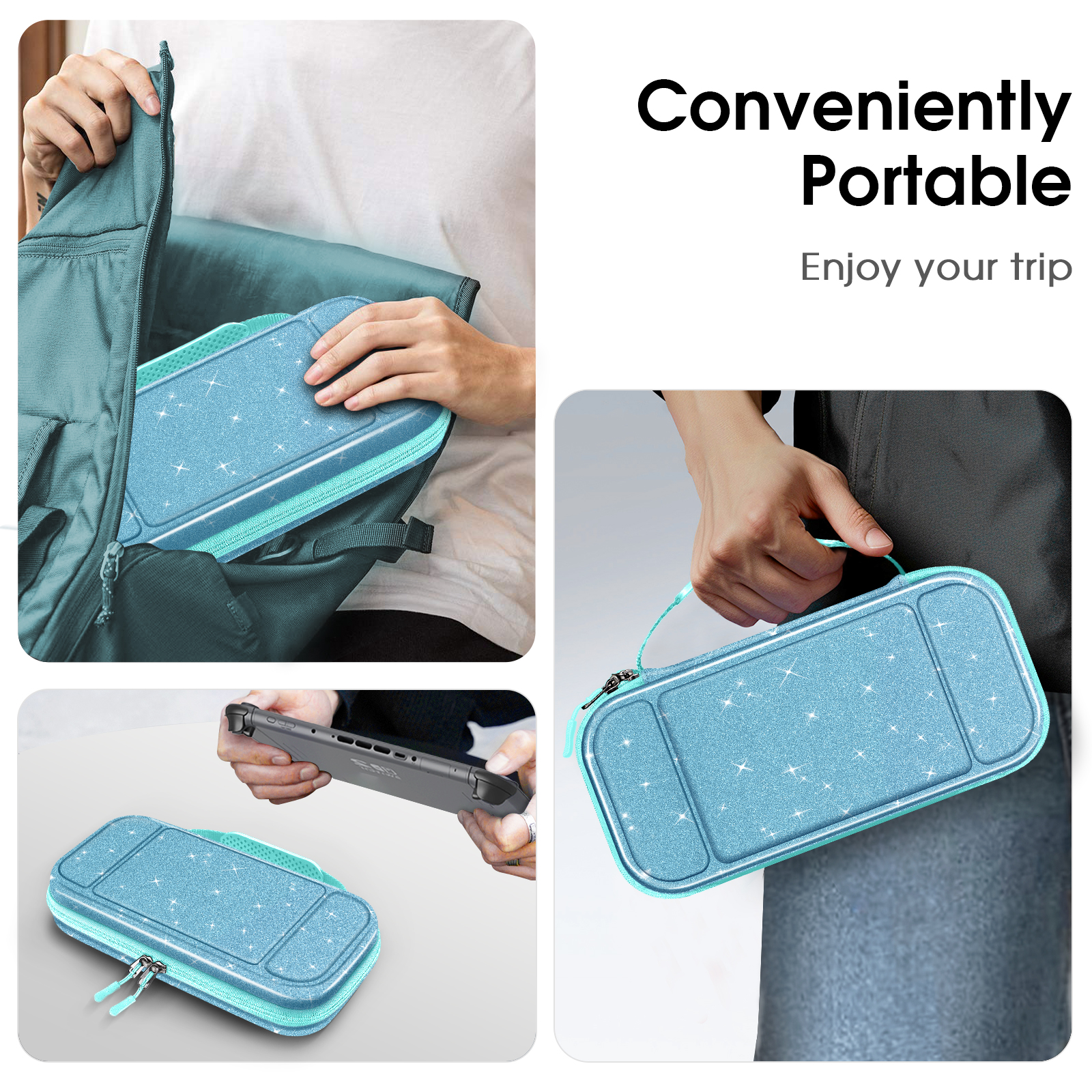 Eine teal glitzernde Switch-Hülle wird von einer Person gepackt und gehalten, was die Tragbarkeit zeigt.