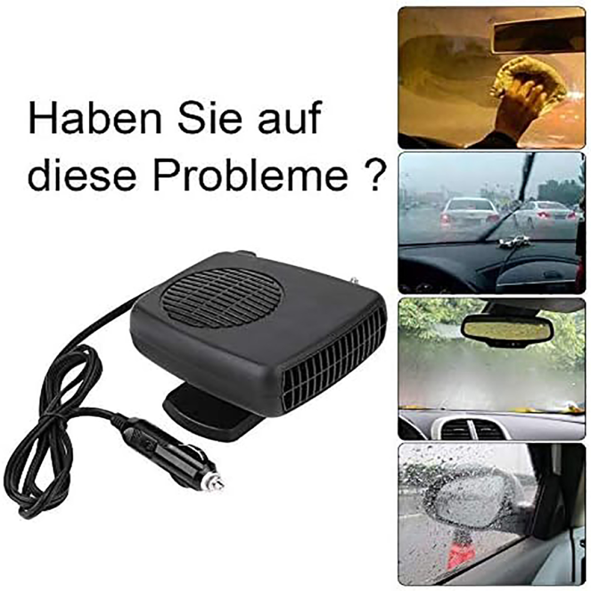 Schwarze Autoheizung mit Netzstecker und Spiegel und Scheiben eines Autos mit Wassertropfen.