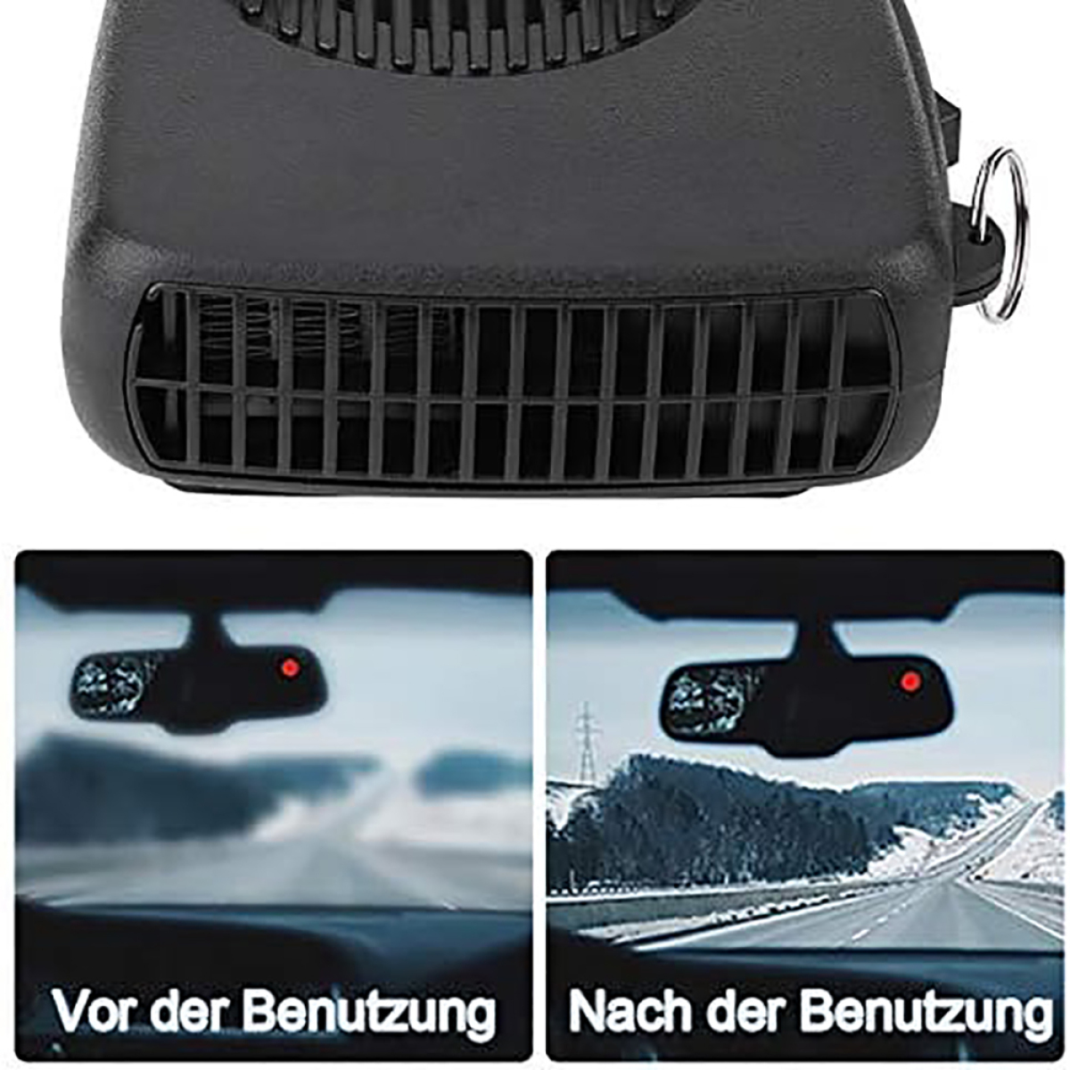Schwarze Autoheizung, zwei Bilder im Auto. Vorher: verschwommene Straße. Nachher: klare Straße, Schneeszene.