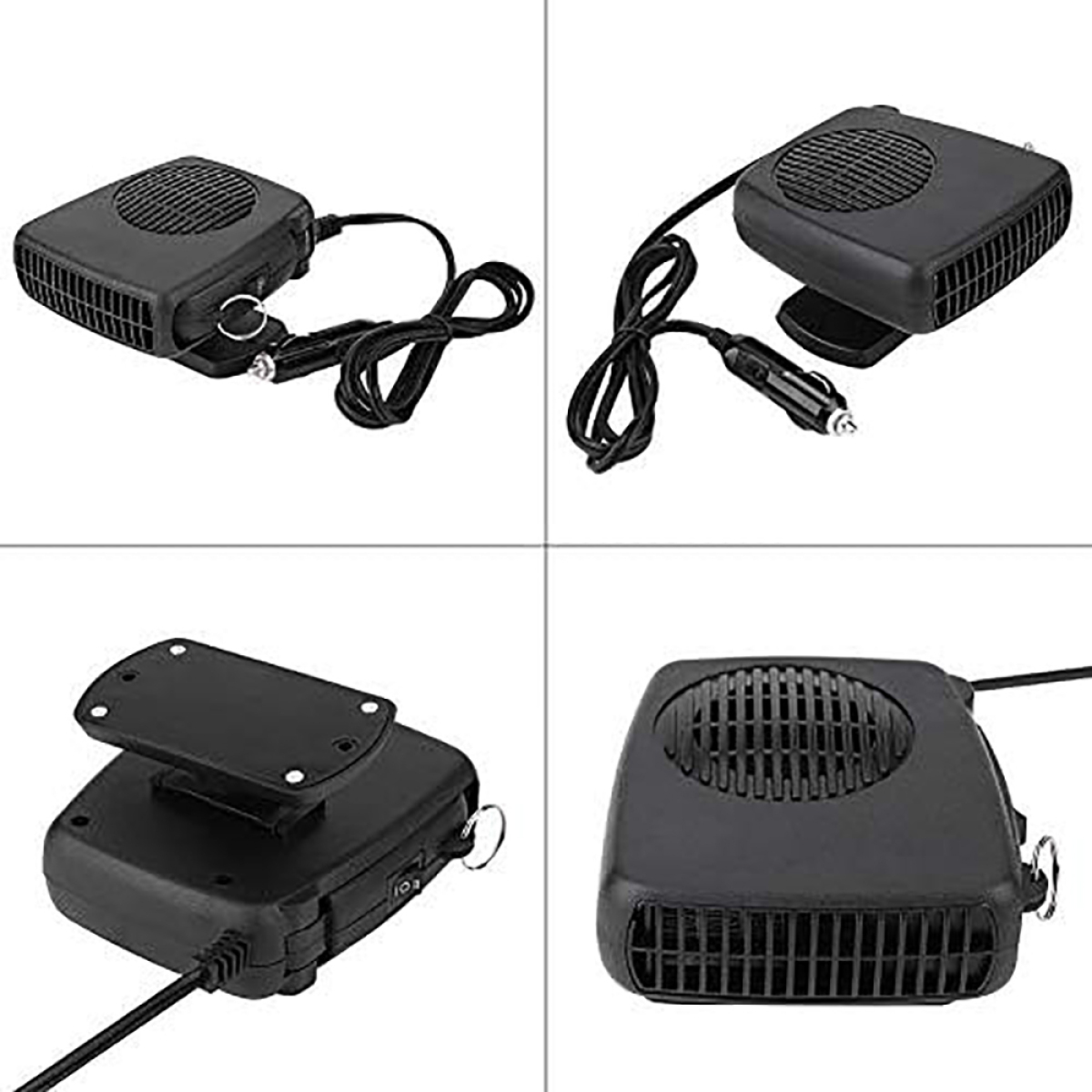 Vier Bilder eines schwarzen Autoheizungsventilators, mit Netzkabel und Zigarettenanzünderstecker.