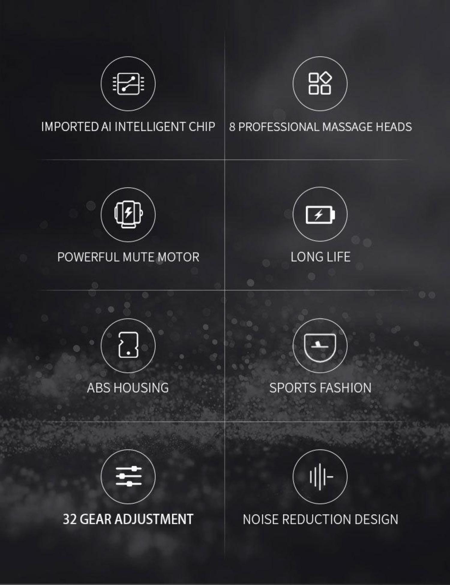 Acht Icons mit Text, der Funktionen beschreibt, wie z. B.: importierter KI-Chip, 8 Massageköpfe, leistungsstarker Motor.