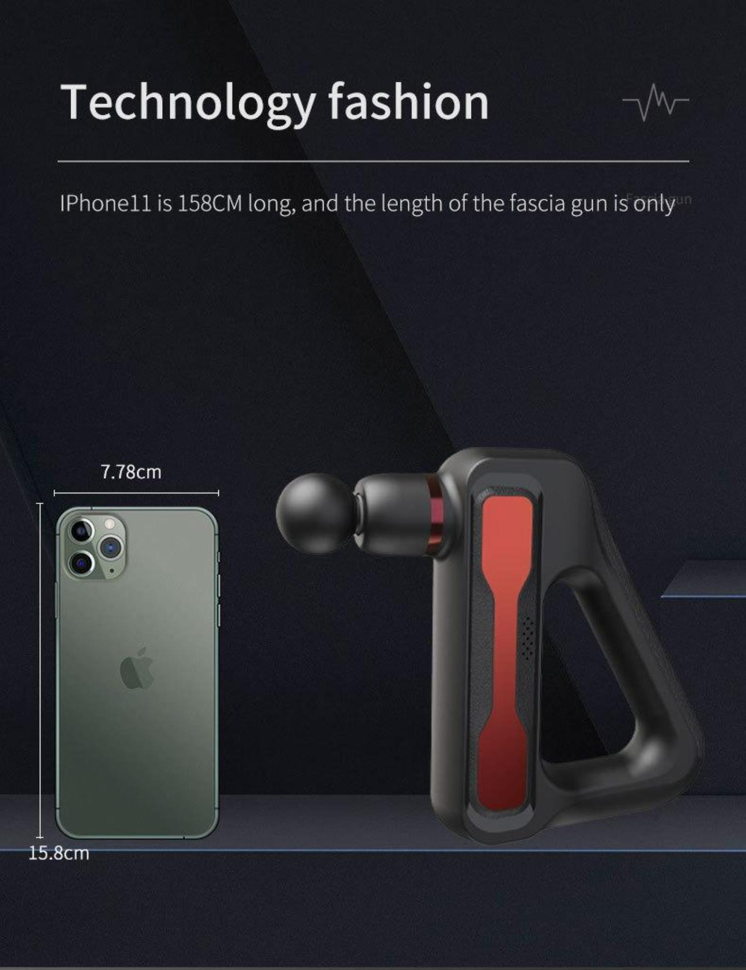 Schwarze Massagepistole neben einem Smartphone. Text: Technologie-Mode. Größenvergleich.