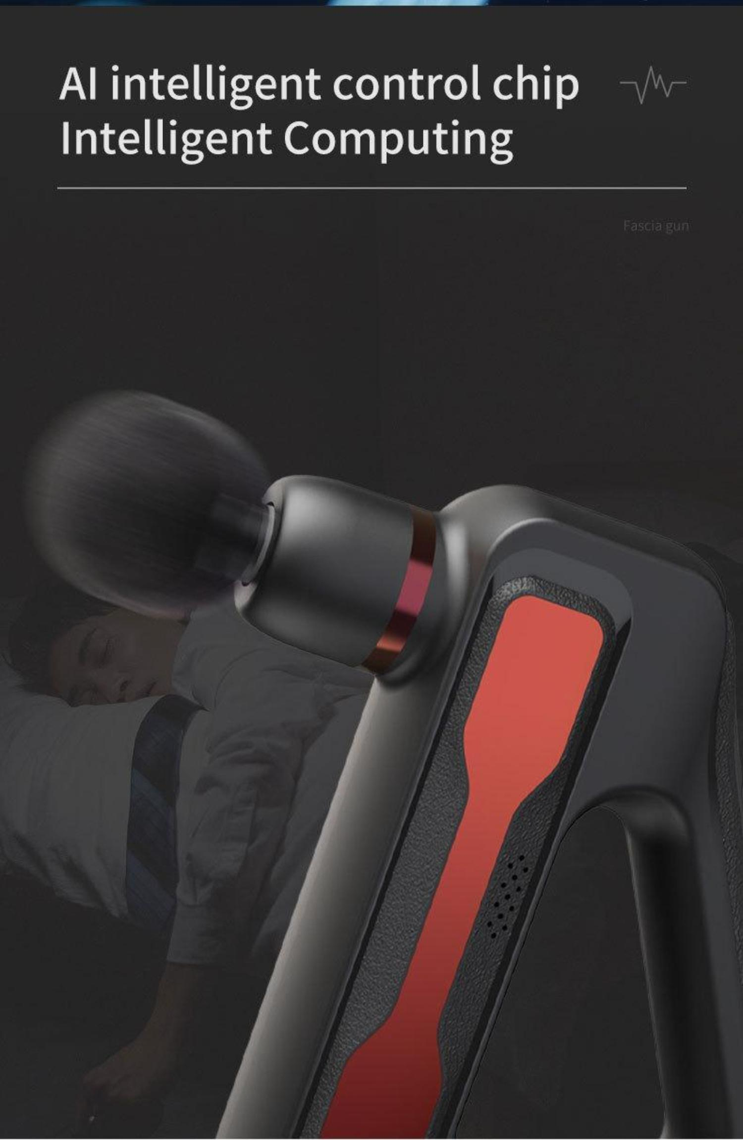 Schwarze Massagepistole mit einer liegenden Person. Text: KI-Intelligenter Steuerchip, intelligente Datenverarbeitung.