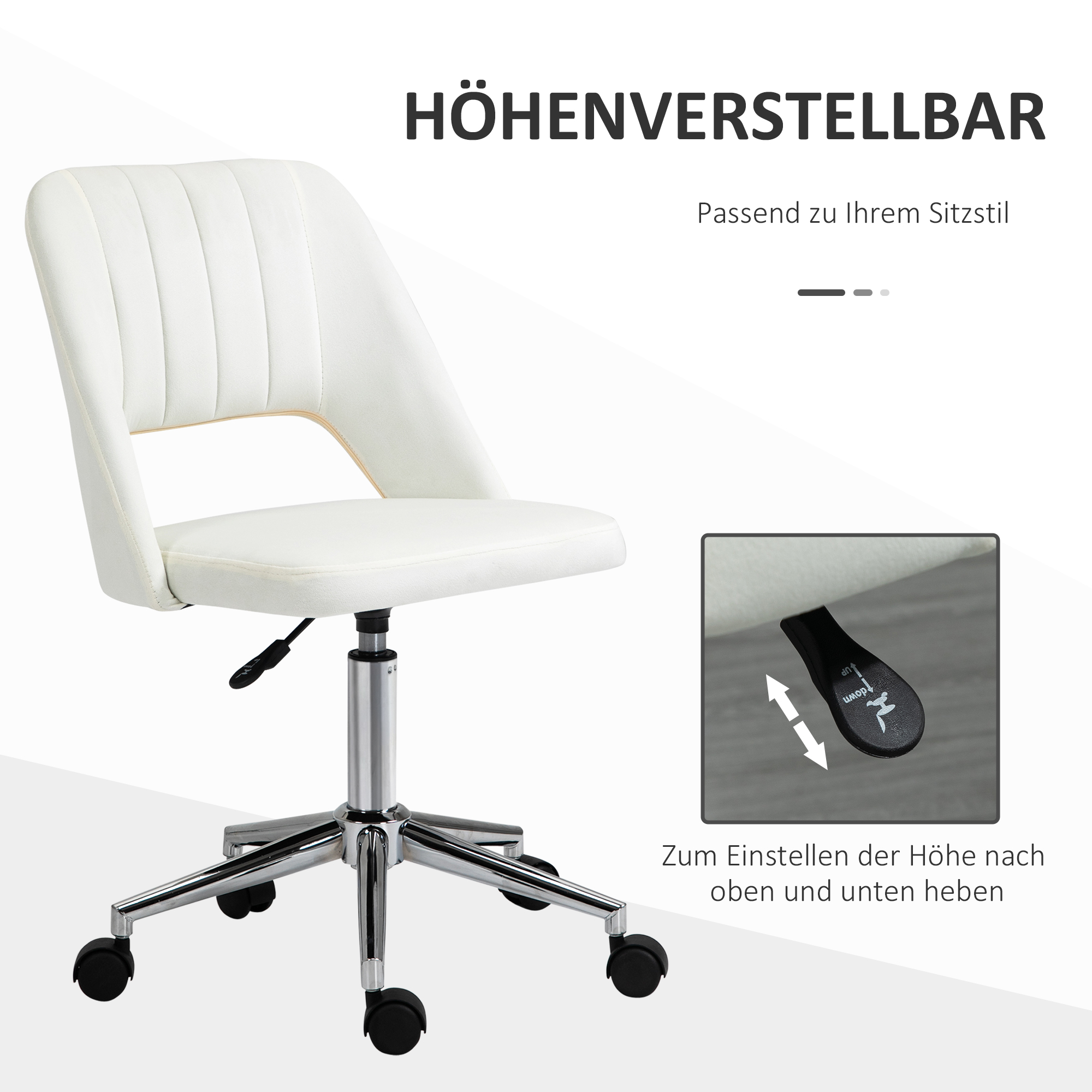 Ein weißer Bürostuhl mit geschwungener Rückenlehne, mit Text und einer Abbildung zur Höhenverstellung.