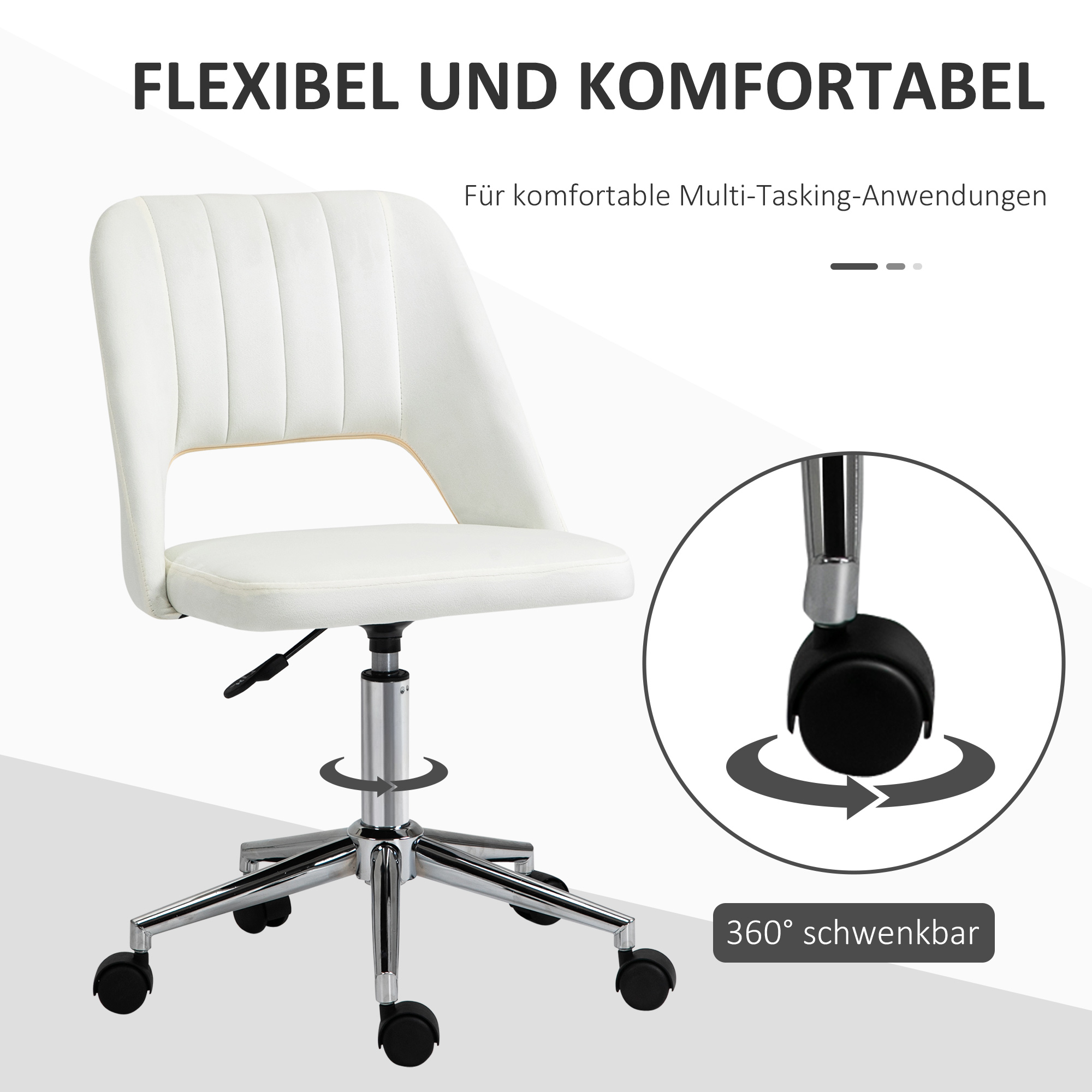 Ein weißer Bürostuhl mit geschwungener Rückenlehne und Chromfuß, mit 360-Grad-Dreh-Illustration.