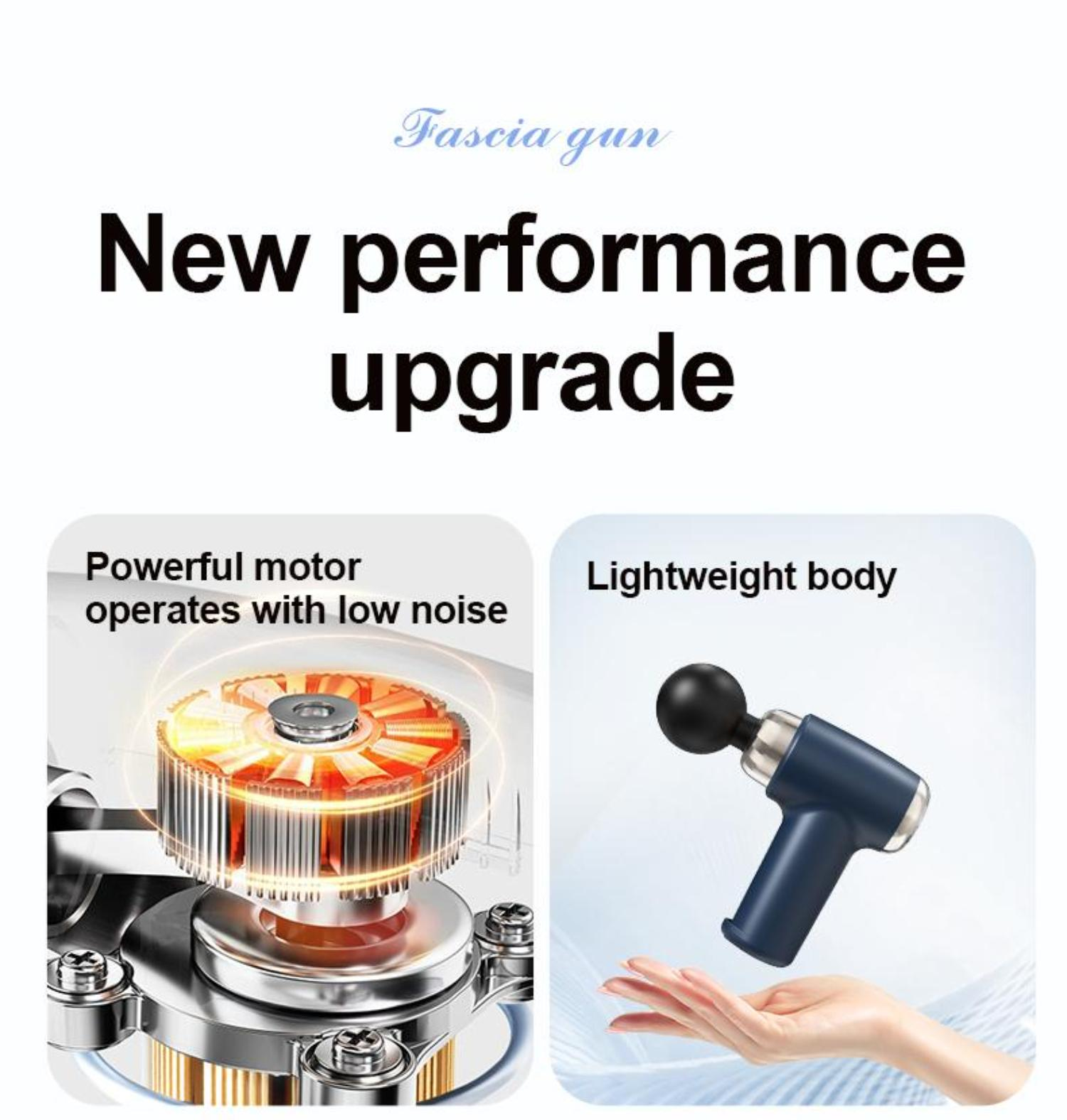 Eine Werbung zeigt eine Massagepistole mit starkem Motor und leichtem Gehäuse.