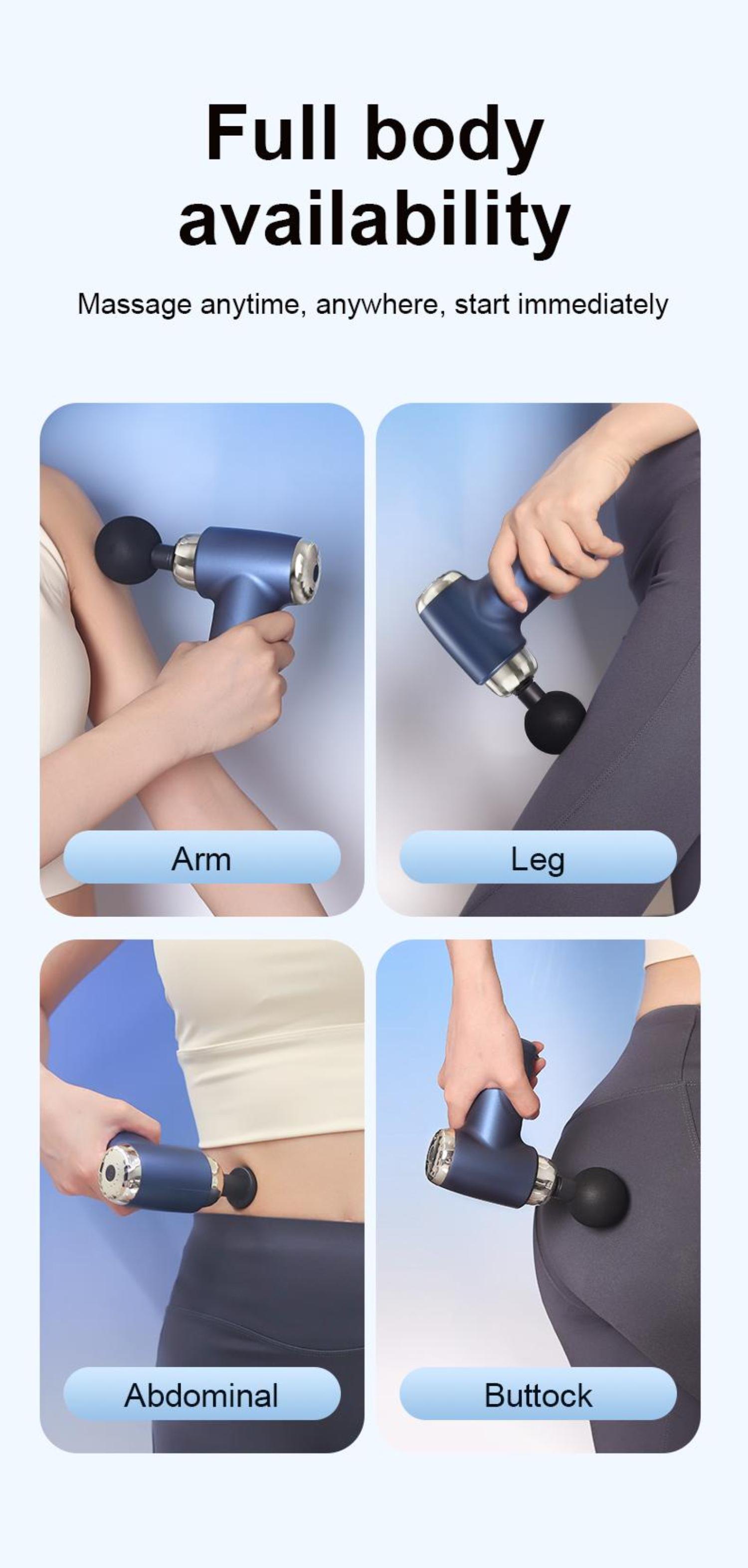 Bilder einer Massagepistole, die auf verschiedenen Körperteilen verwendet wird.