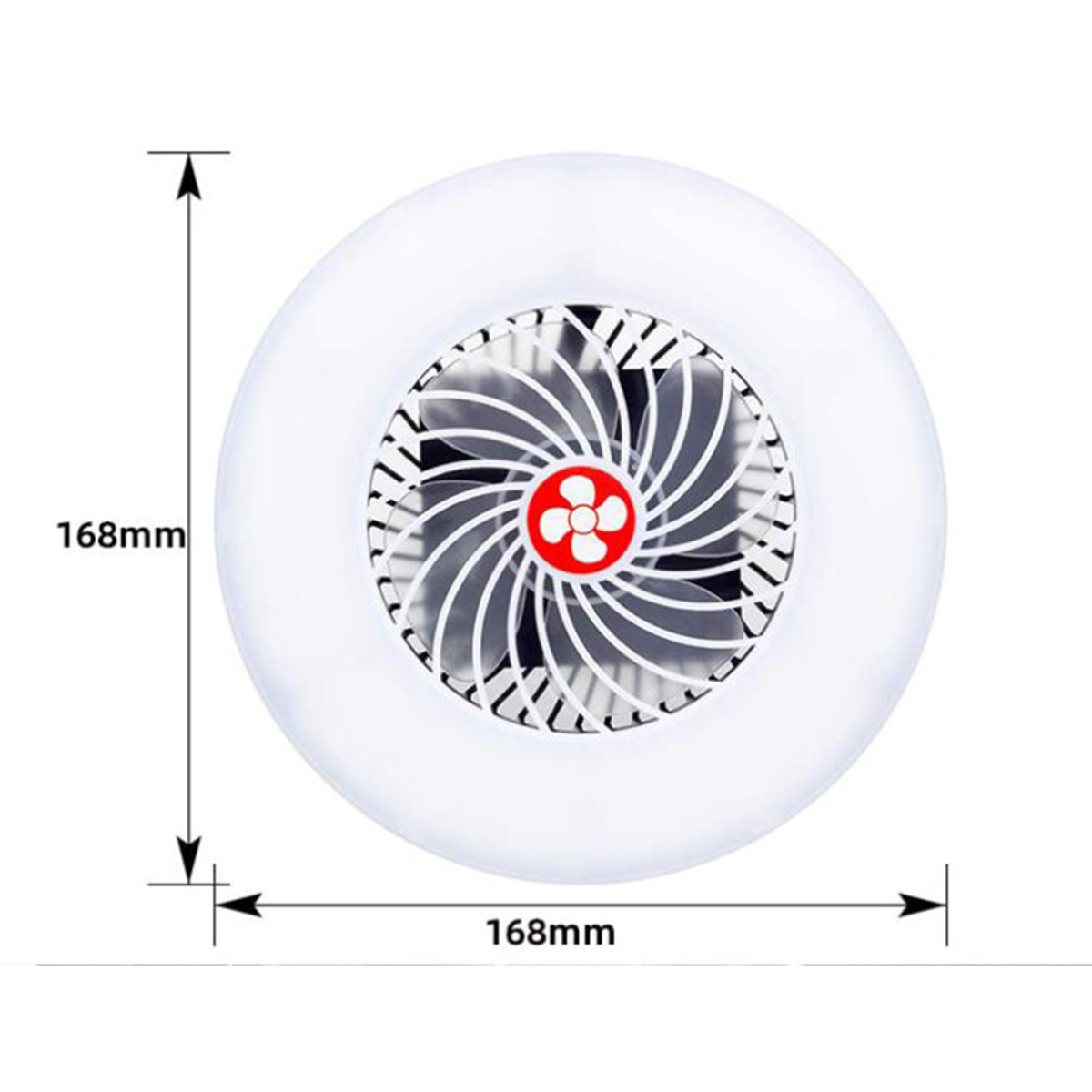 Ein weißer runder Ventilator mit beschrifteten Abmessungen. Es hat ein rotes Zentrum.