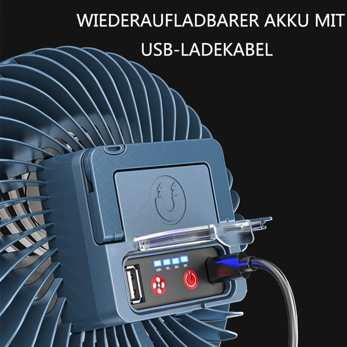 Nahaufnahme eines wiederaufladbaren Akkus mit angeschlossenem USB-Ladekabel.