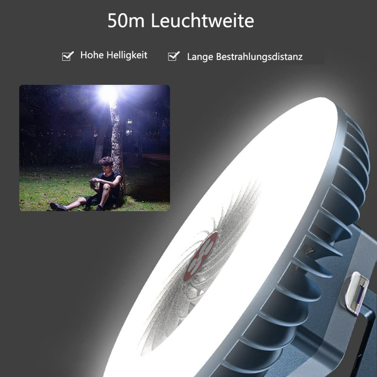 Eine helle Außenlampe scheint auf eine Person, die im Gras sitzt. Text sagt 50m Reichweite.