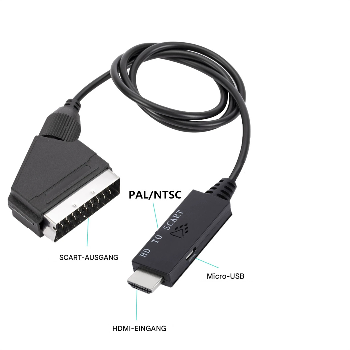 Ein SCART-zu-HDMI-Adapter mit Beschriftungen für SCART-AUSGANG, PAL/NTSC und HDMI-EINGANG.