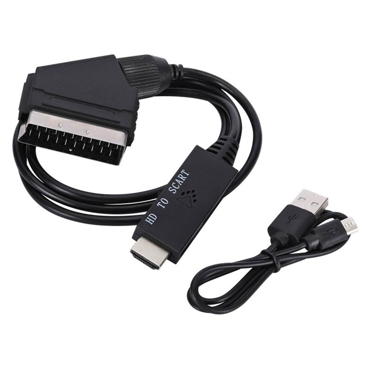Schwarzes HD-zu-SCART-Adapterkabel mit HDMI- und SCART-Anschlüssen und einem USB-Kabel. Weißer Hintergrund.