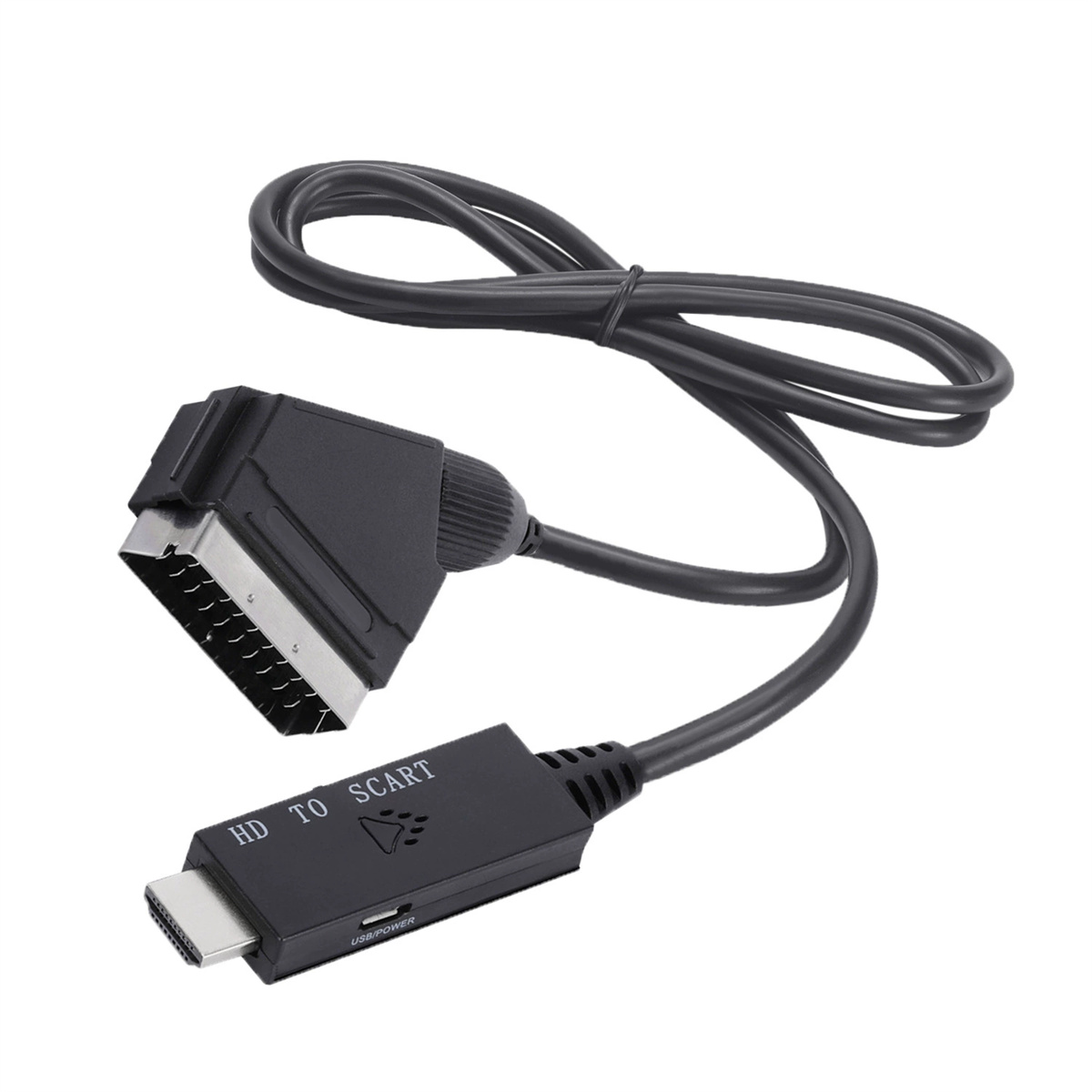 Schwarzes HD-zu-SCART-Adapterkabel mit HDMI- und SCART-Anschlüssen, isoliert auf weißem Hintergrund.